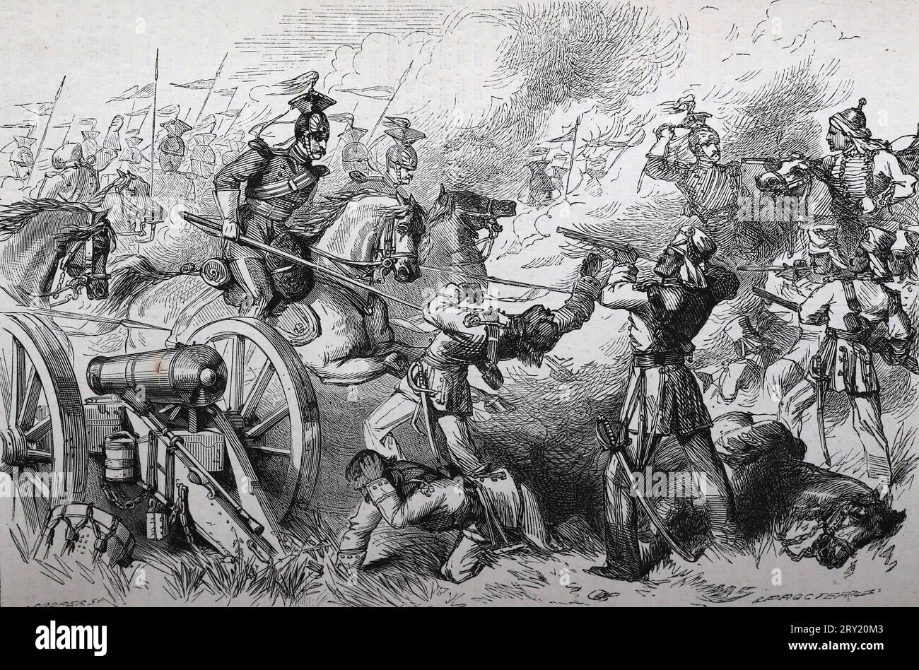 The capture of rebel guns by the cavalry of Roberts' brigade, 1857. The capture of Indian Rebel cannons by Lieutenant (later Field Marshal) Frederick Sleigh Roberts, 1st Earl Roberts, VC (1832-1914) during the Indian Mutiny (First War of Indian Independence). Black and White Illustration Stock Photo