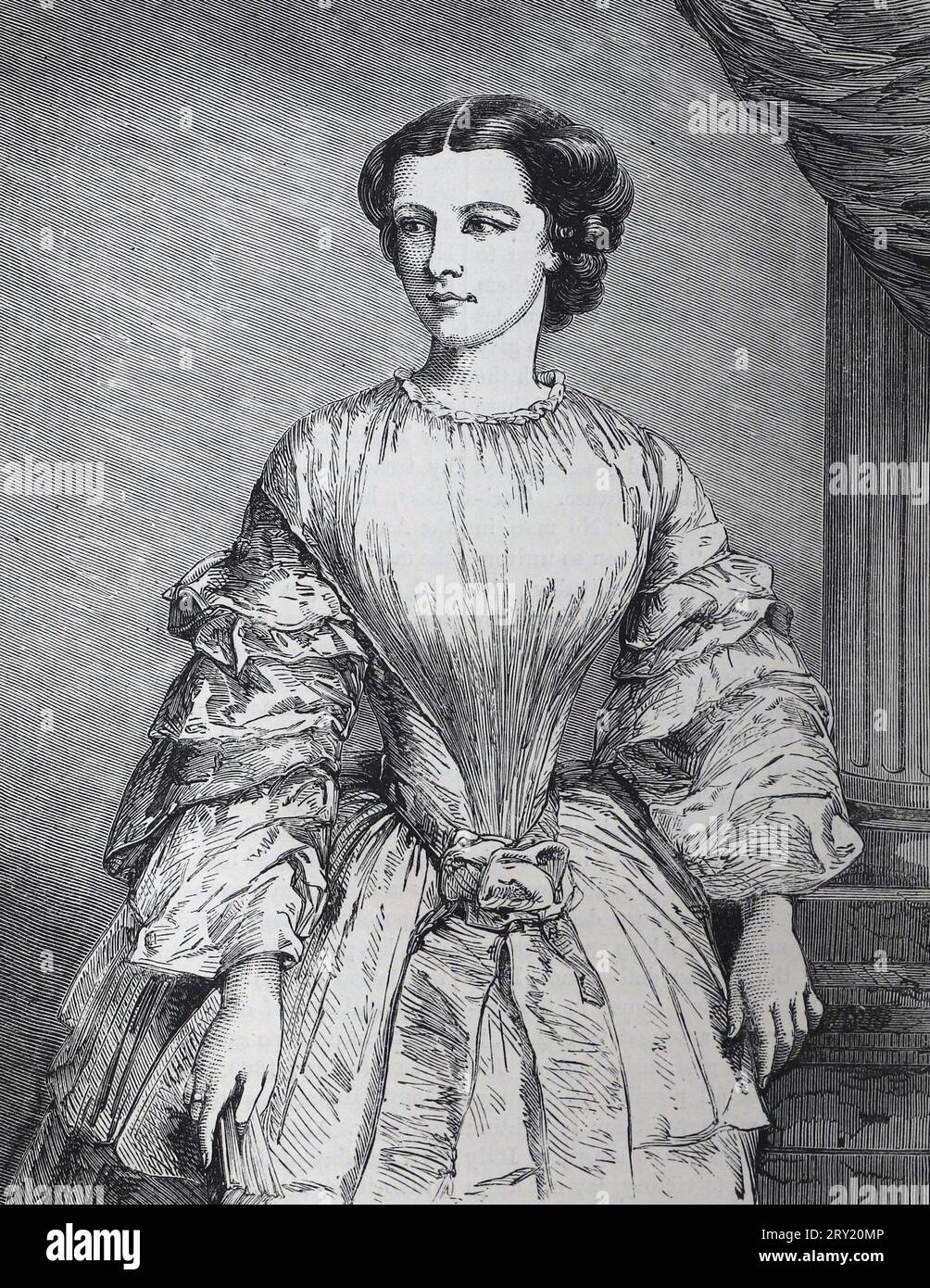 Portrait of Maria Sophie Amalie, Duchess in Bavaria (1841 – 1925) was the last Queen consort of the Kingdom of the Two Sicilies.  Black and White Illustration Stock Photo