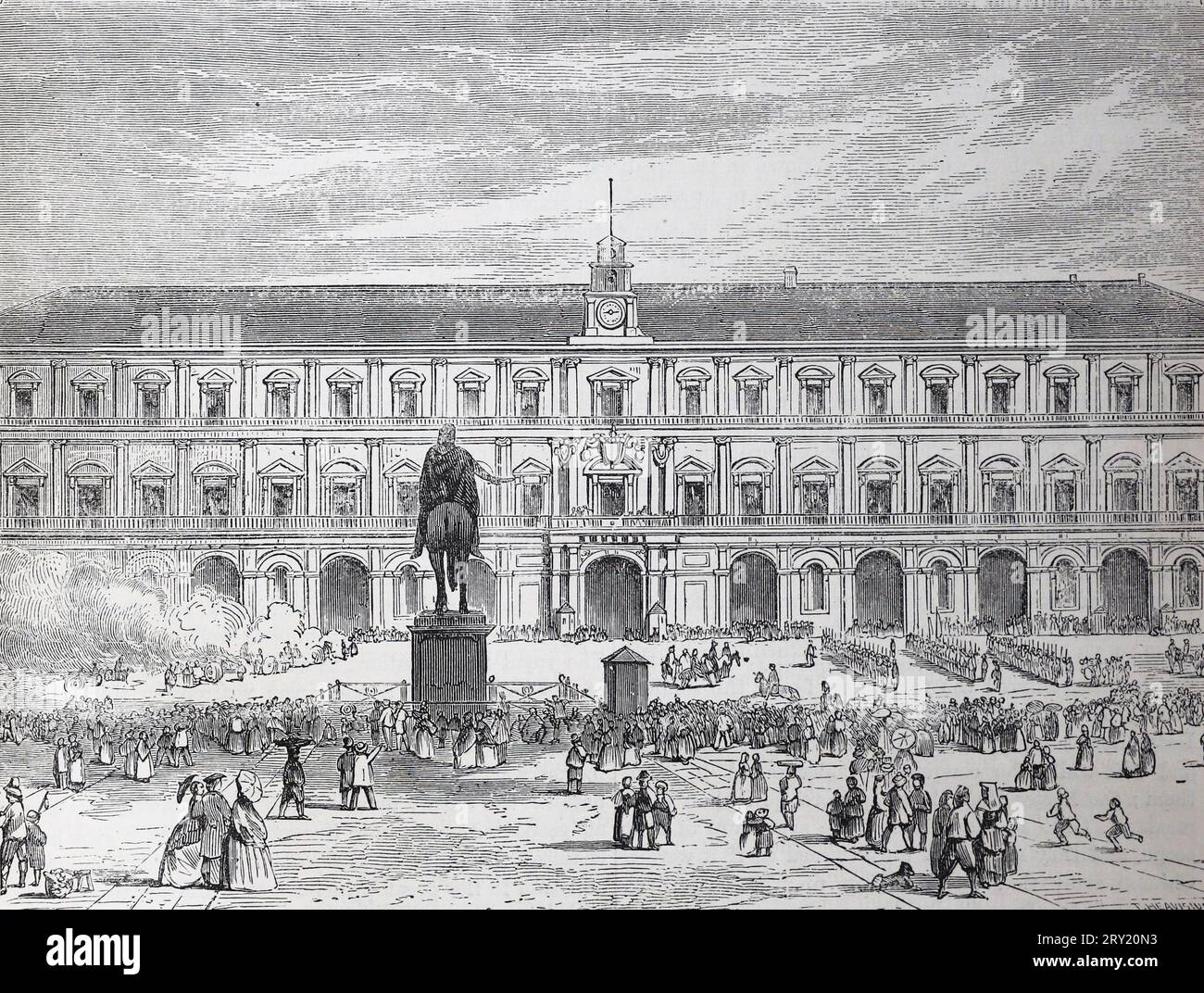 The Palace at Naples, Italy; 1860. Black and White Illustration Stock Photo