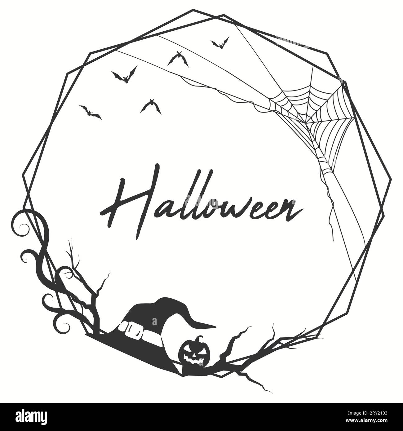 Halloween hexagonal frame border with spider net and halloween tree ...