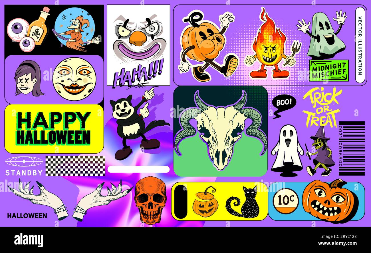 Happy halloween! spooky sticker treats with characters and scary decorations! Vector illustration Stock Vector