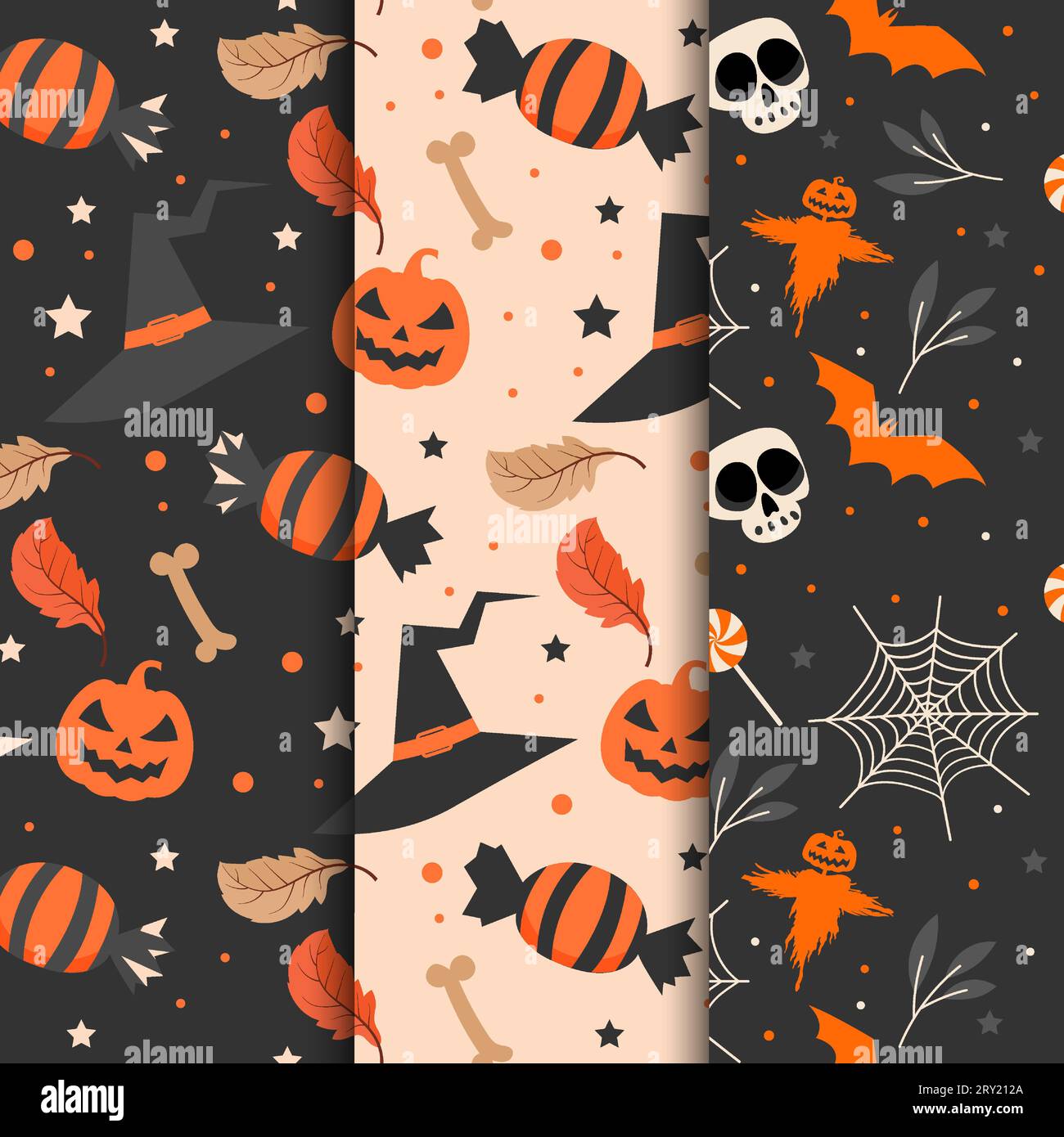 Halloween patterns collection with witch hat halloween candy and spiderwebs Stock Vector