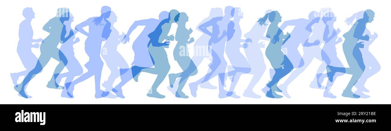 Panorama of many transparent runners as a marathon and jogging concept Stock Photo
