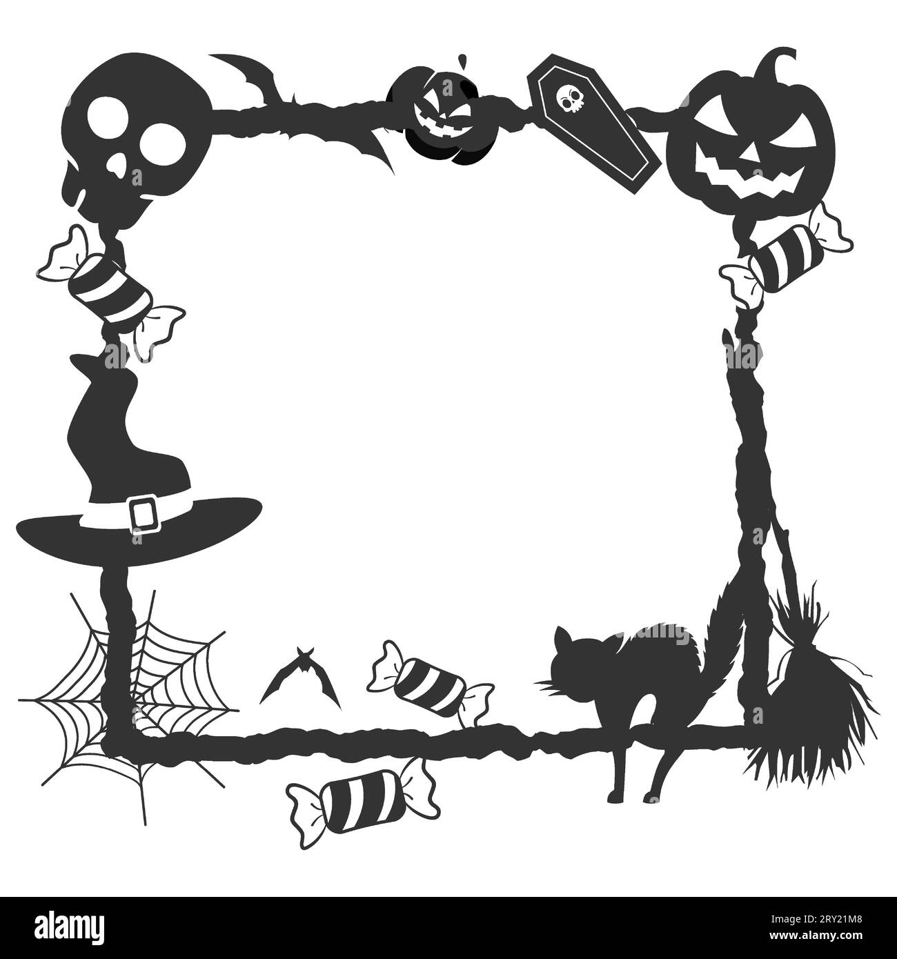 Halloween frame border with halloween elements like skull witch hat and spider net Stock Vector