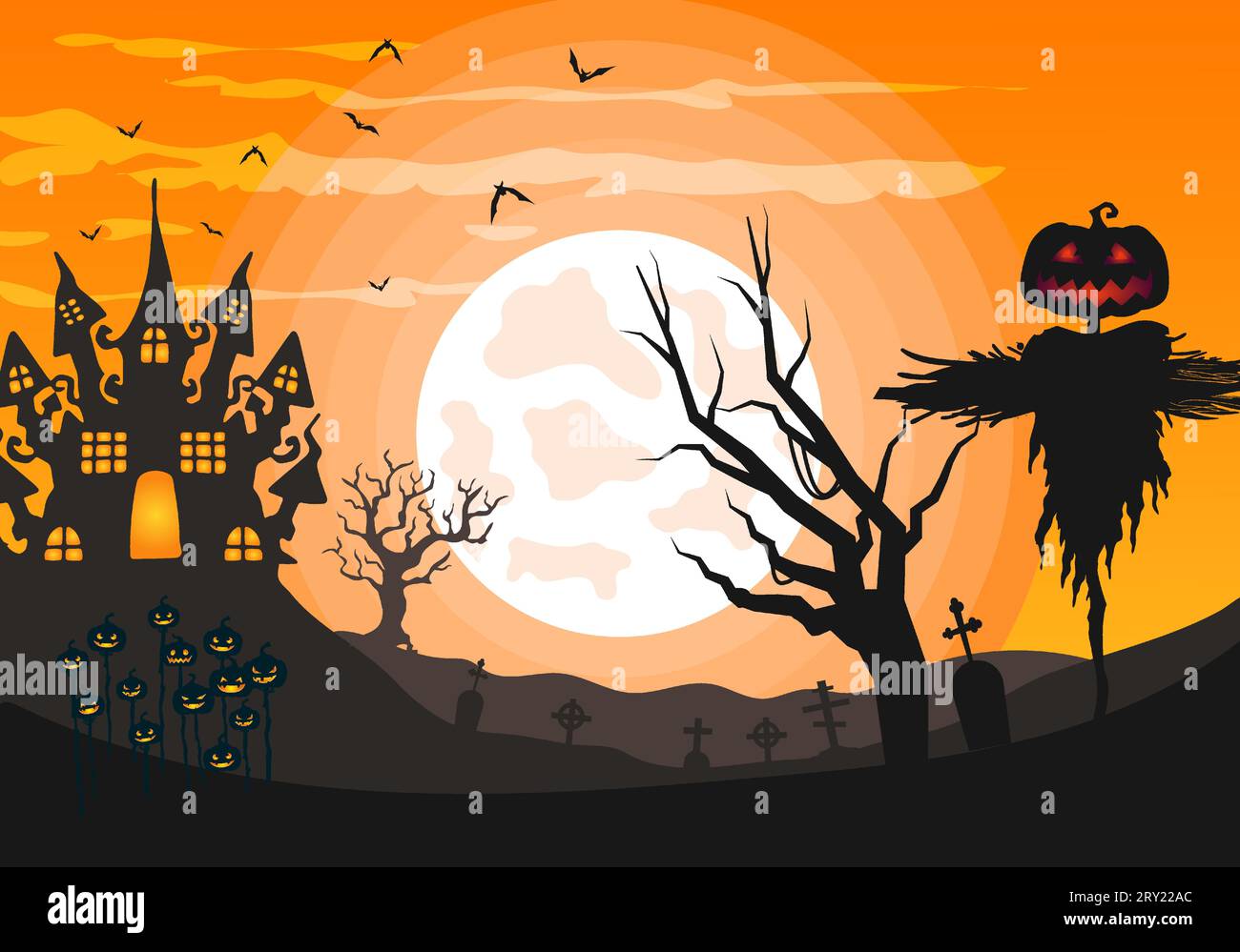 Orange Background illustration of halloween with creepy scarecrow and scary haunted house against a full moon Stock Vector