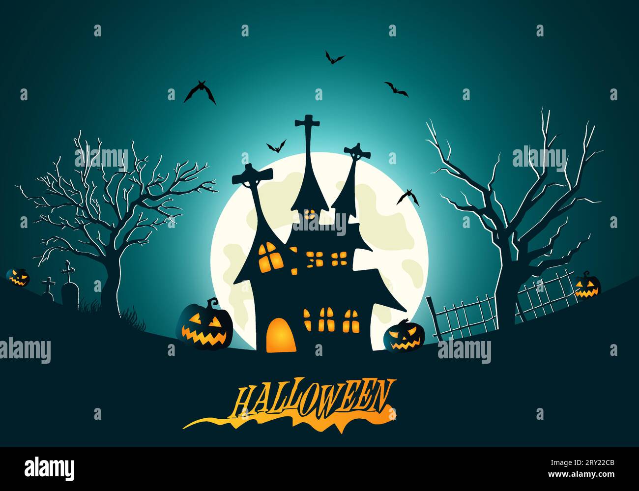 Halloween background flat illustration with silhouette of castle at glowing moon and dead trees Stock Vector