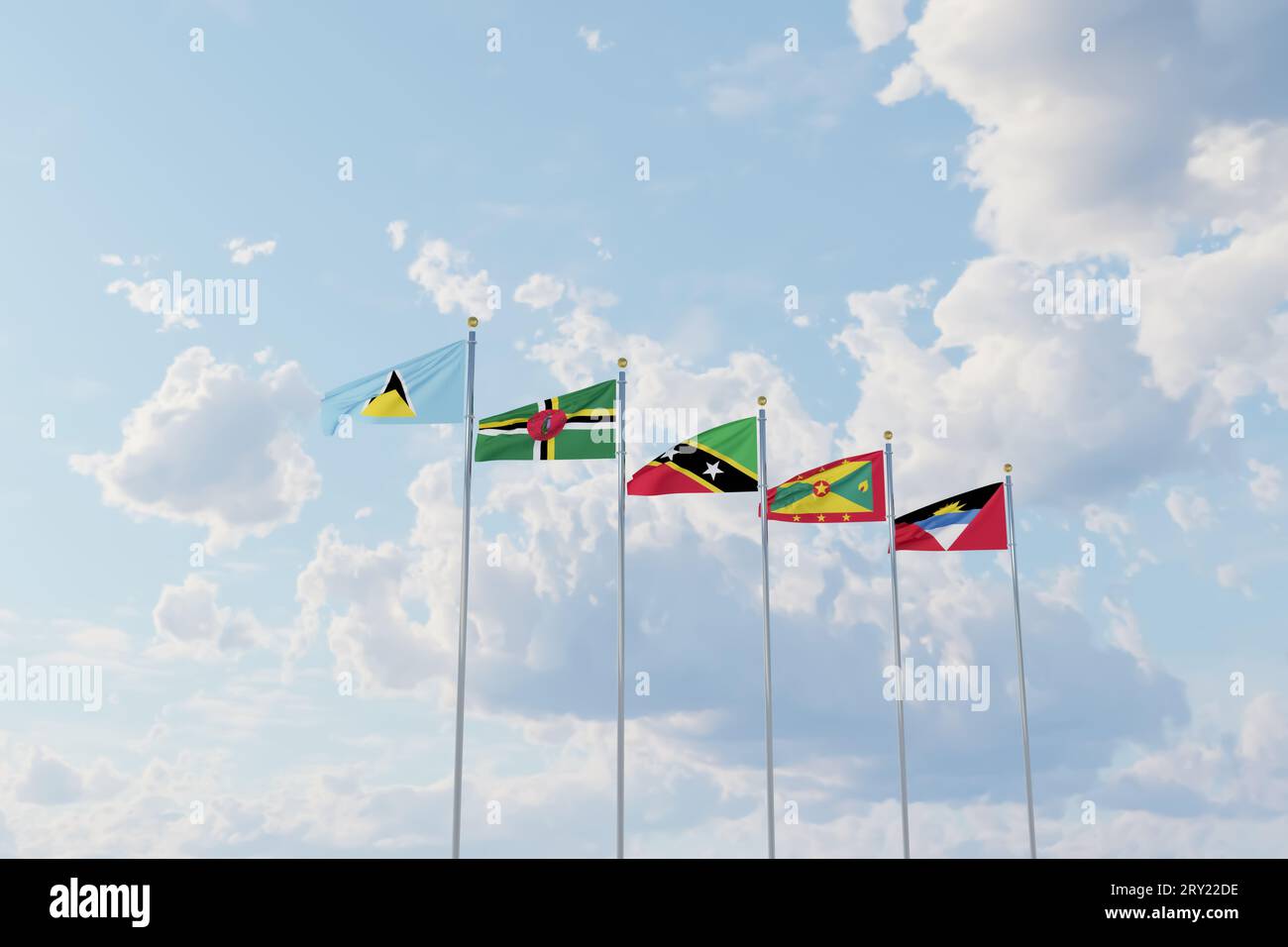 Flags of Caribbean countries Saint Kitts and Nevis, Dominica, Saint Lucia, Grenada, Antigua and Barbuda Stock Photo