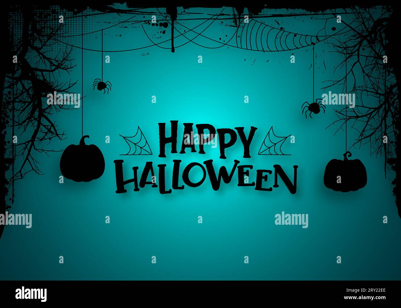 Happy halloween background with grunge border and creepy dead tree with spider webs Stock Vector
