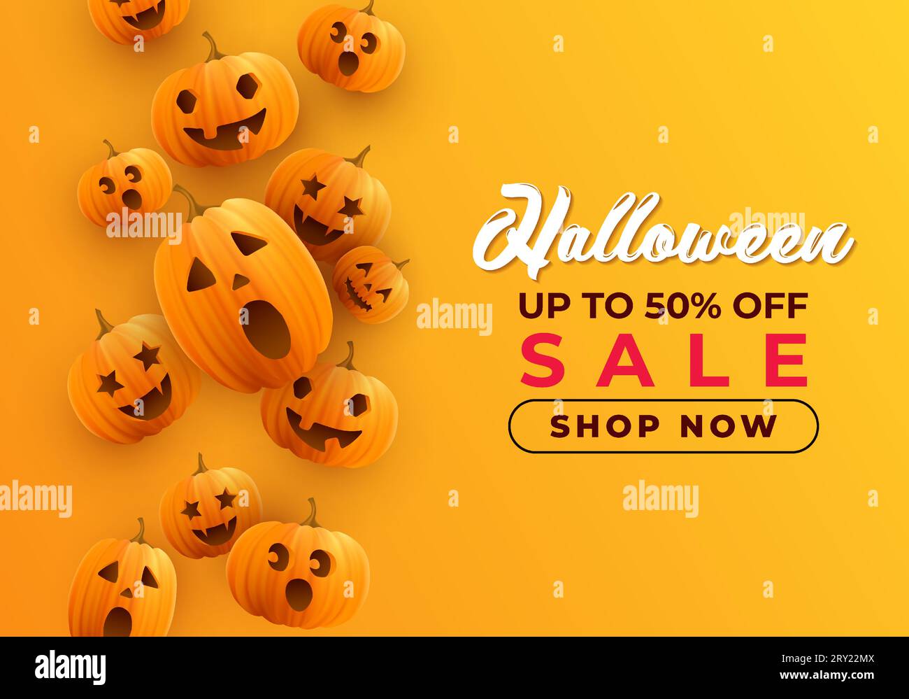 Realistic halloween horizontal sale promotion banner illustration with realistic pumpkins Stock Vector