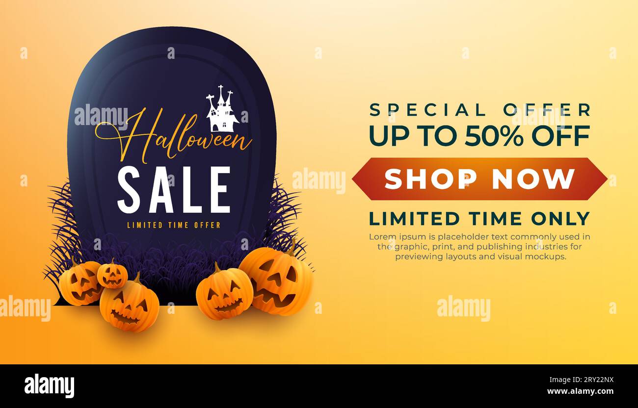 Happy halloween sale banner background with with big tombstone and pumpkins on yellow background Stock Vector
