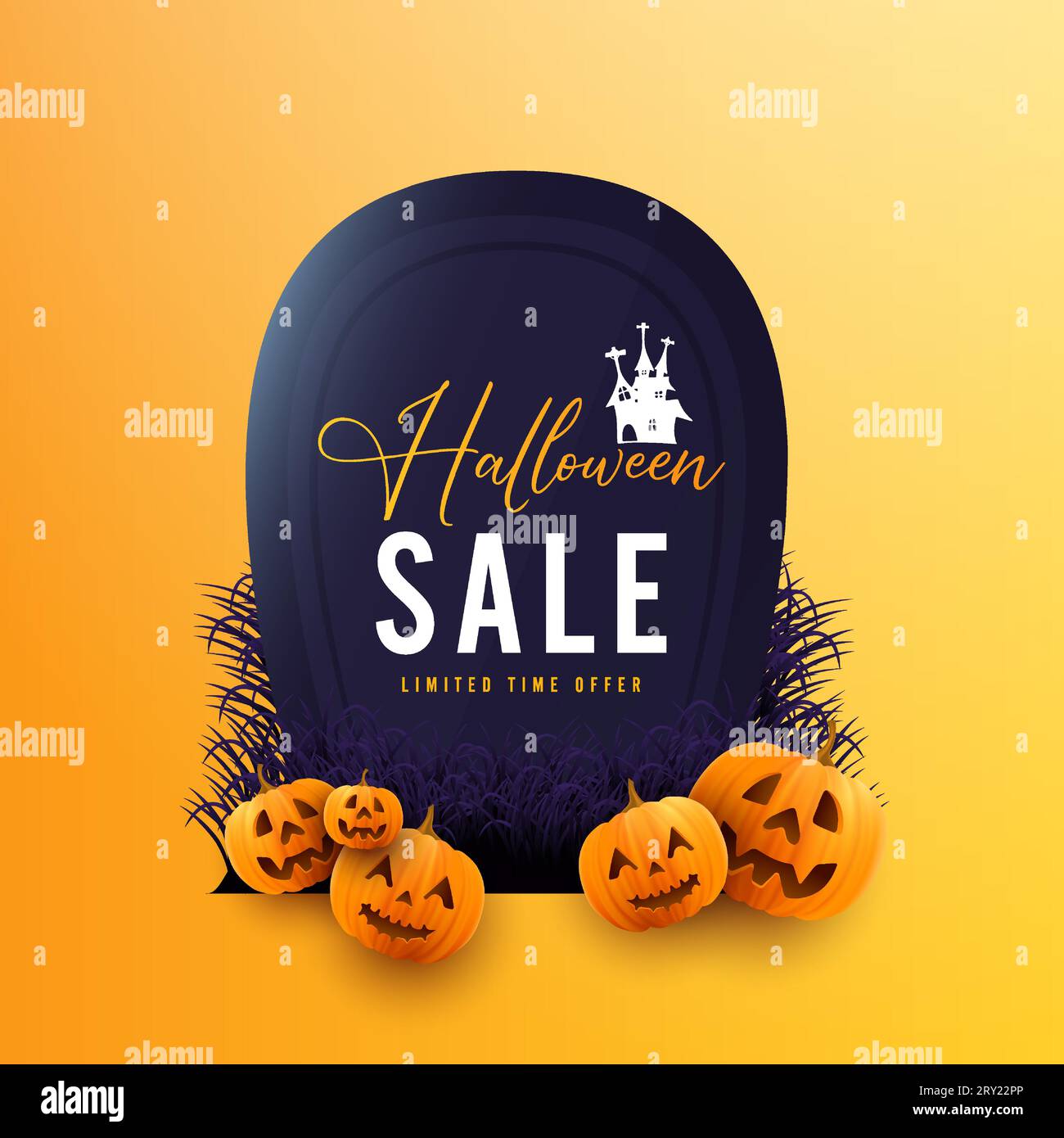 Halloween seasonal sale promotion card illustration with big tombstone and pumpkins on yellow background Stock Vector