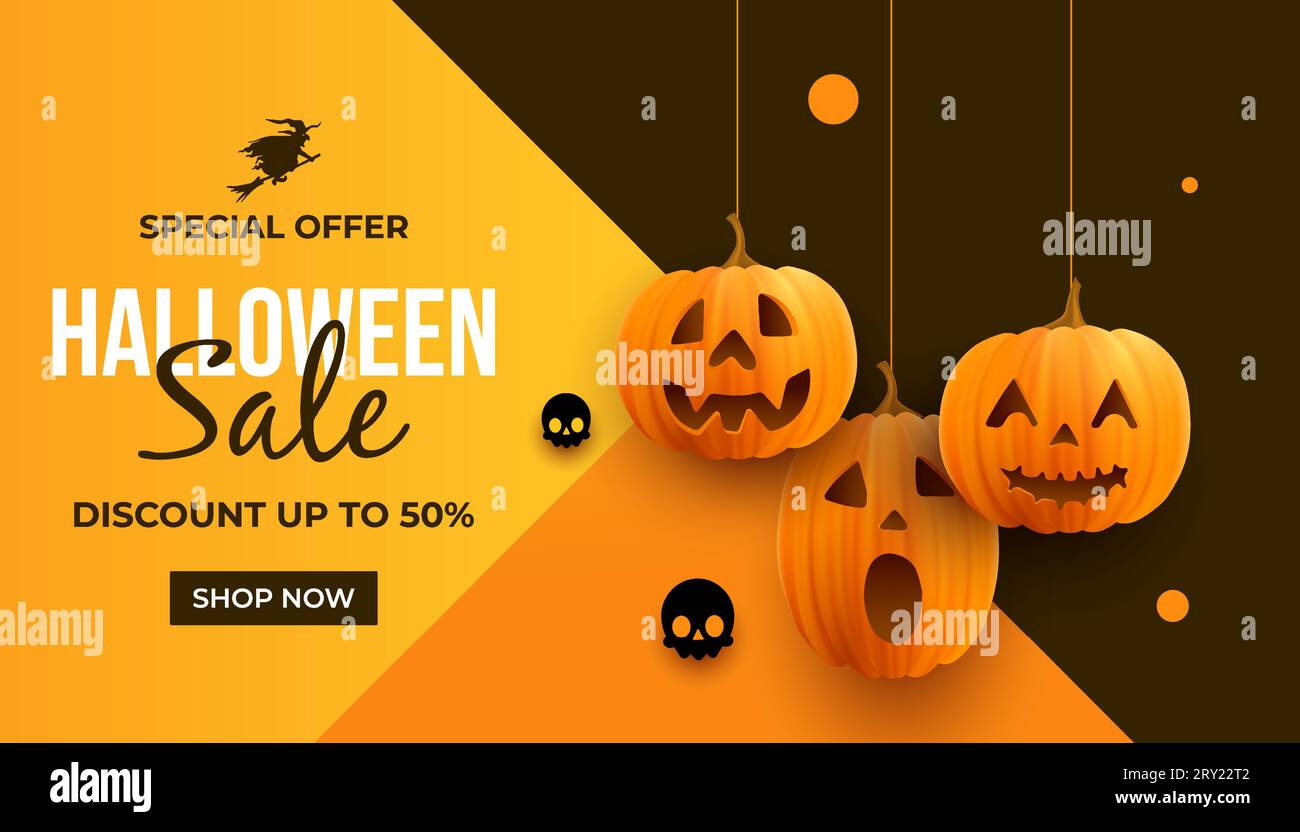 Sale banner for happy halloween with realistic pumpkins. Horizontal Sale banner background Stock Vector