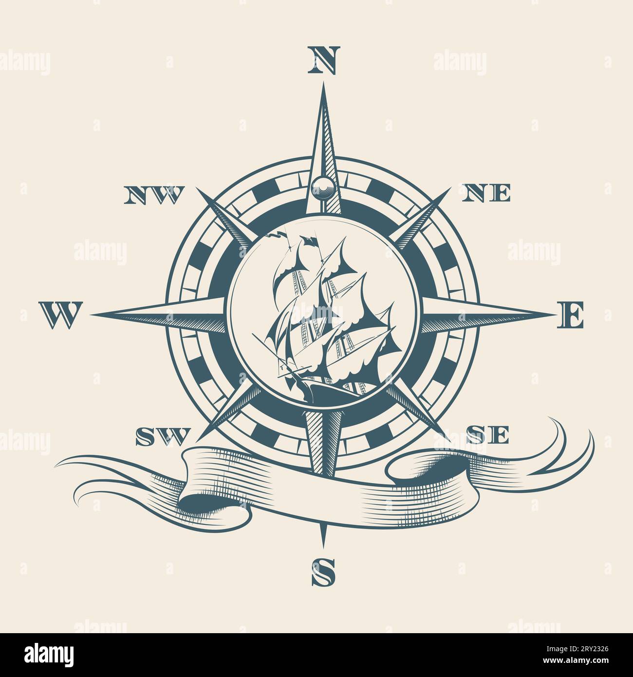 Vintage Navigation Compass with Sale Ship inside Wind Rose Travel Ocean Expedition Symbol Tattoo isolated vector illustration Stock Vector