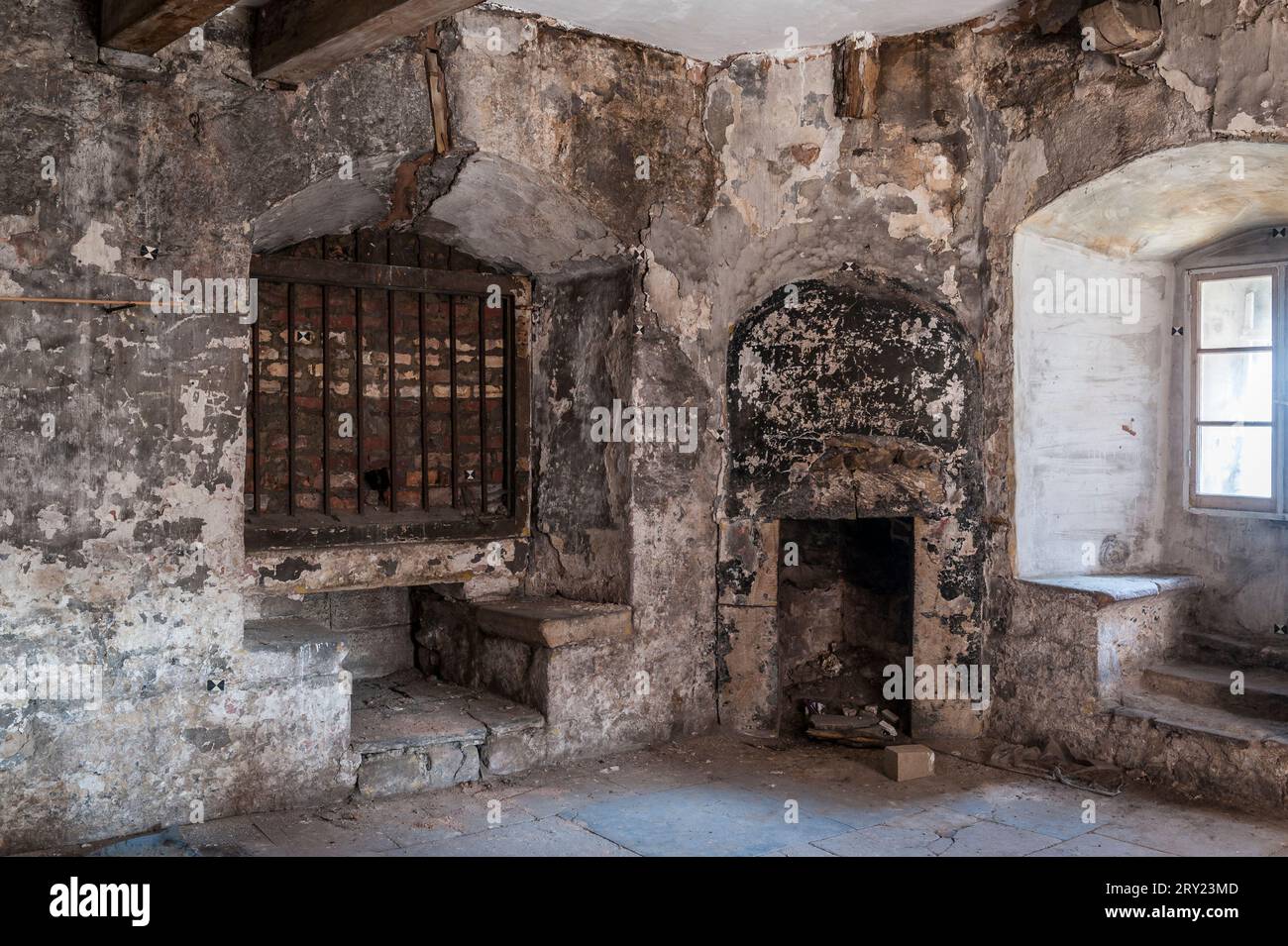 Inside the old prison of Lancaster Castle, Lancashire, UK. The room where debtors were imprisoned, in the old medieval 'Witches' Tower' Stock Photo