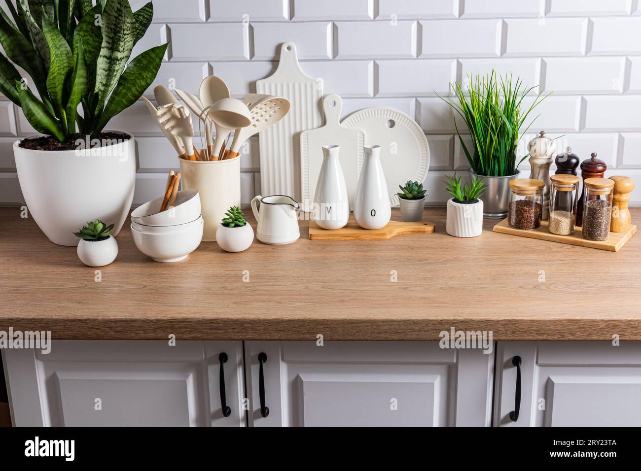 Beautiful kitchen background of a modern countertop with a set of ...