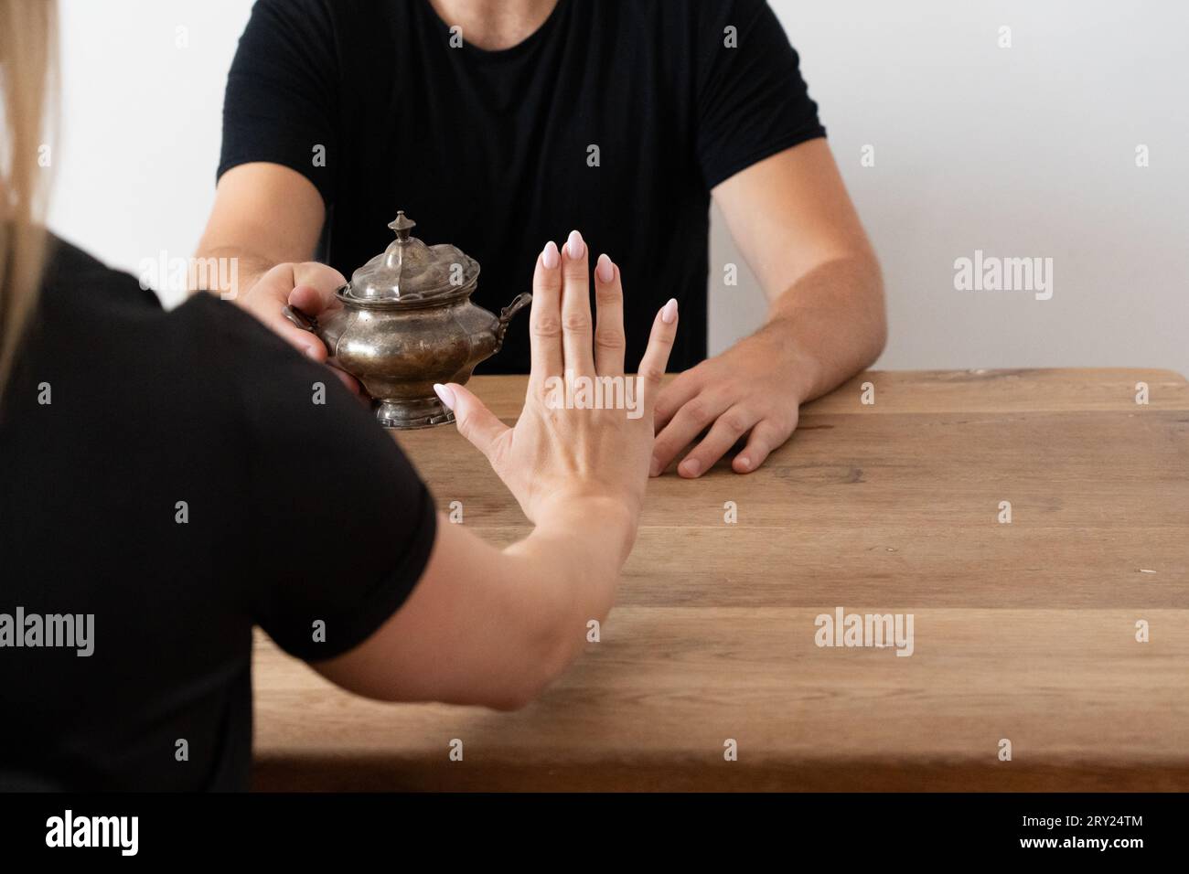 Woman Rejecting Sugar: Diabetes Challenges, No Sweeteners, Sugar-Free, Ketogenic Diet, Carnivore Diet, Low-Carb Diet, Quitting Sugary Habits Stock Photo