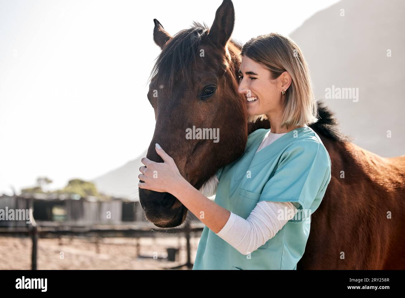 Horse doctor, care and hug outdoor at farm for health, smile and happy