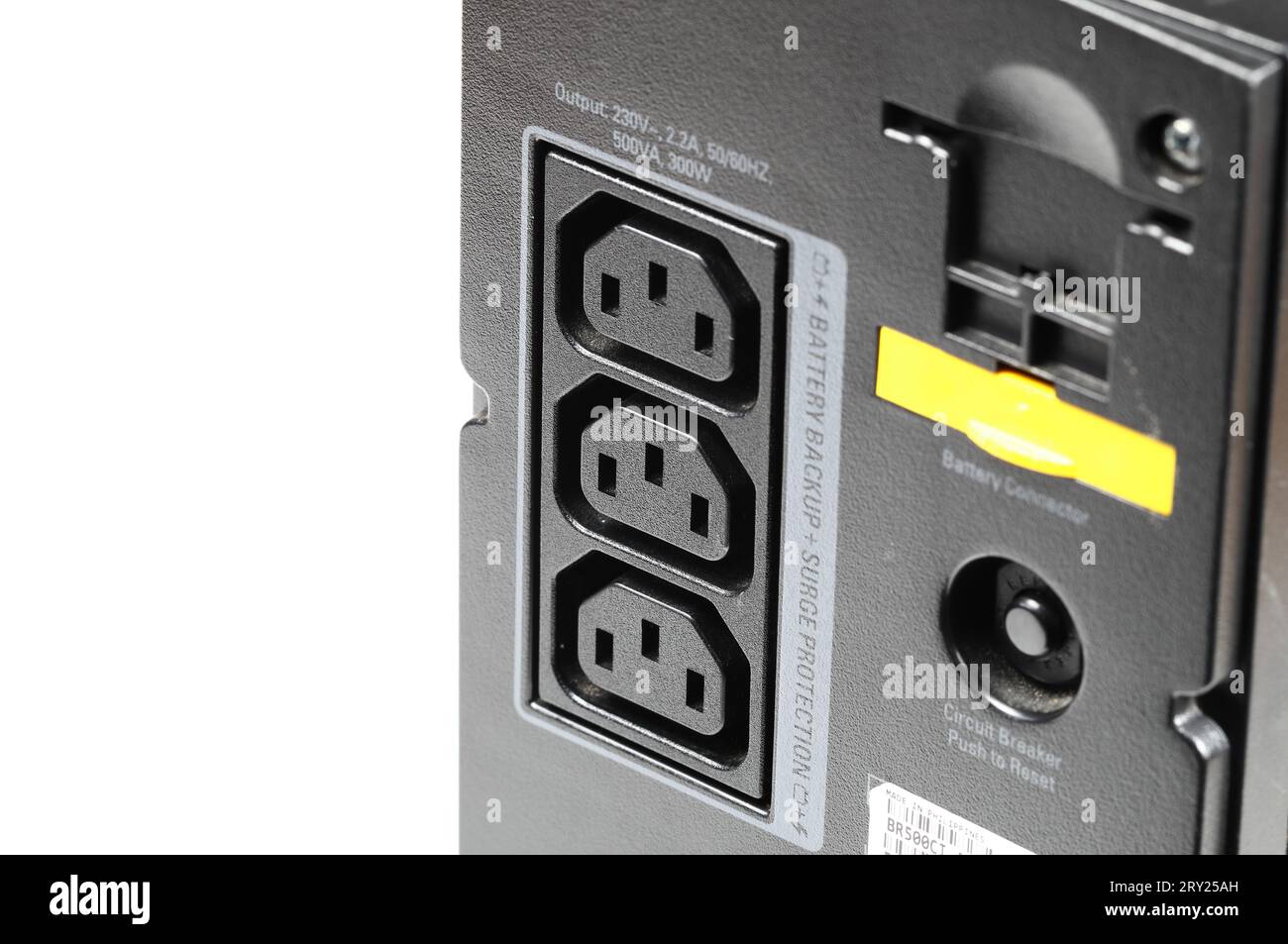 Electricity sockets IEC 60320 C13 on back of UPS. Stock Photo