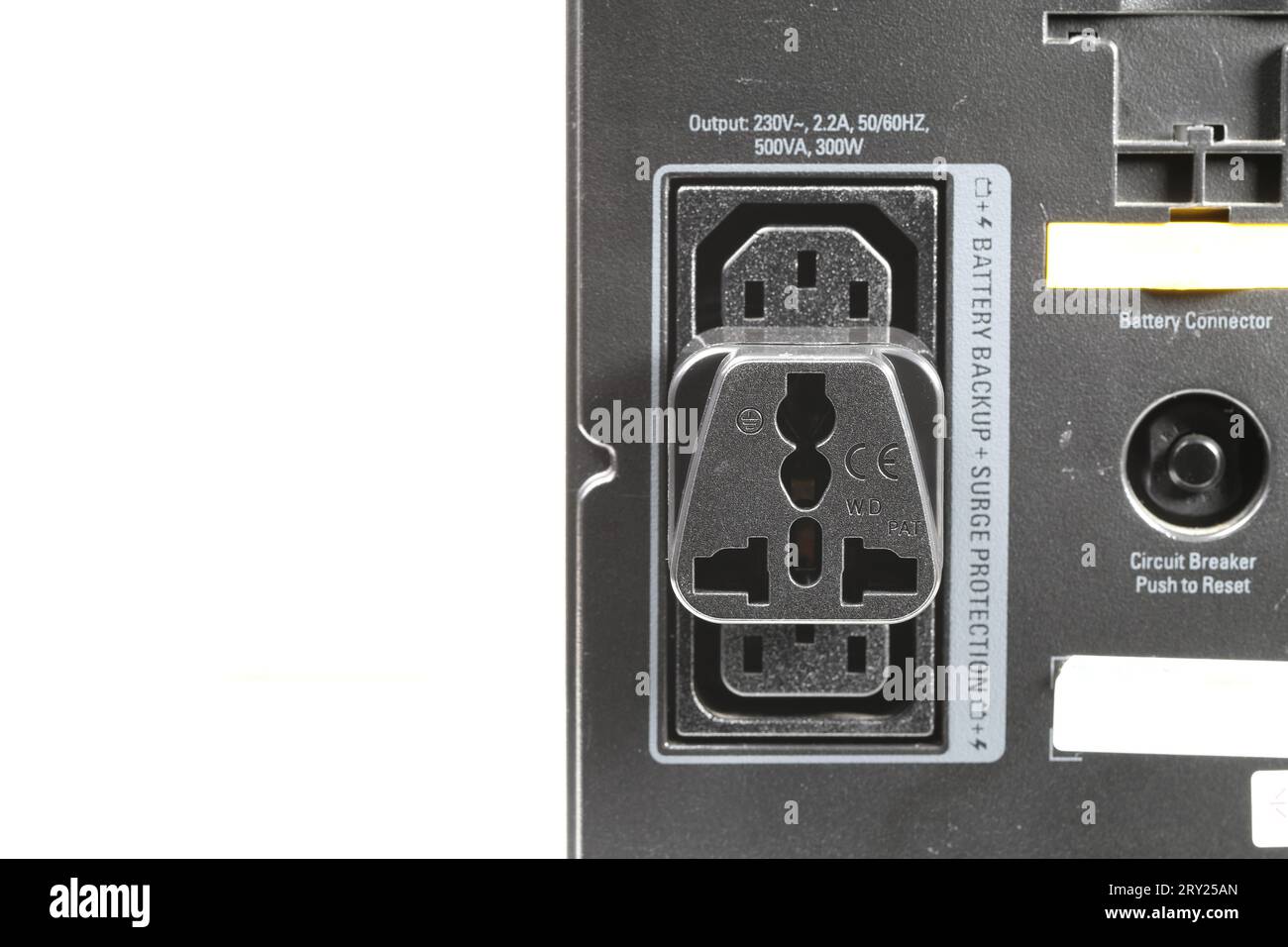 Electricity sockets IEC 60320 C13 on back of UPS. Stock Photo