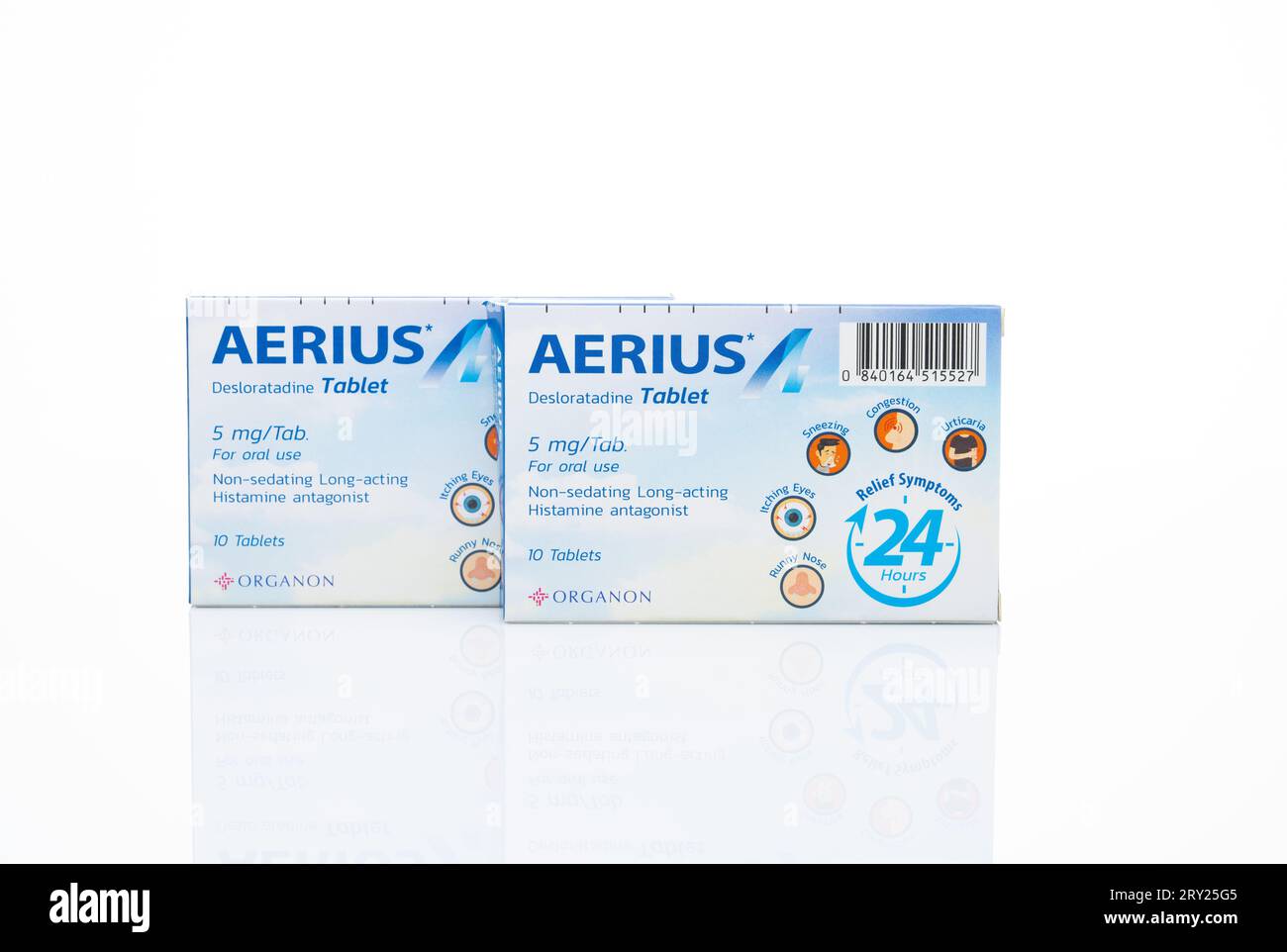 CHONBURI, THAILAND-MAY 3, 2023: Aerius with packaging on white. Desloratadine tablets pill. Product of Organon. Antihistamine medicine for relieve Stock Photo