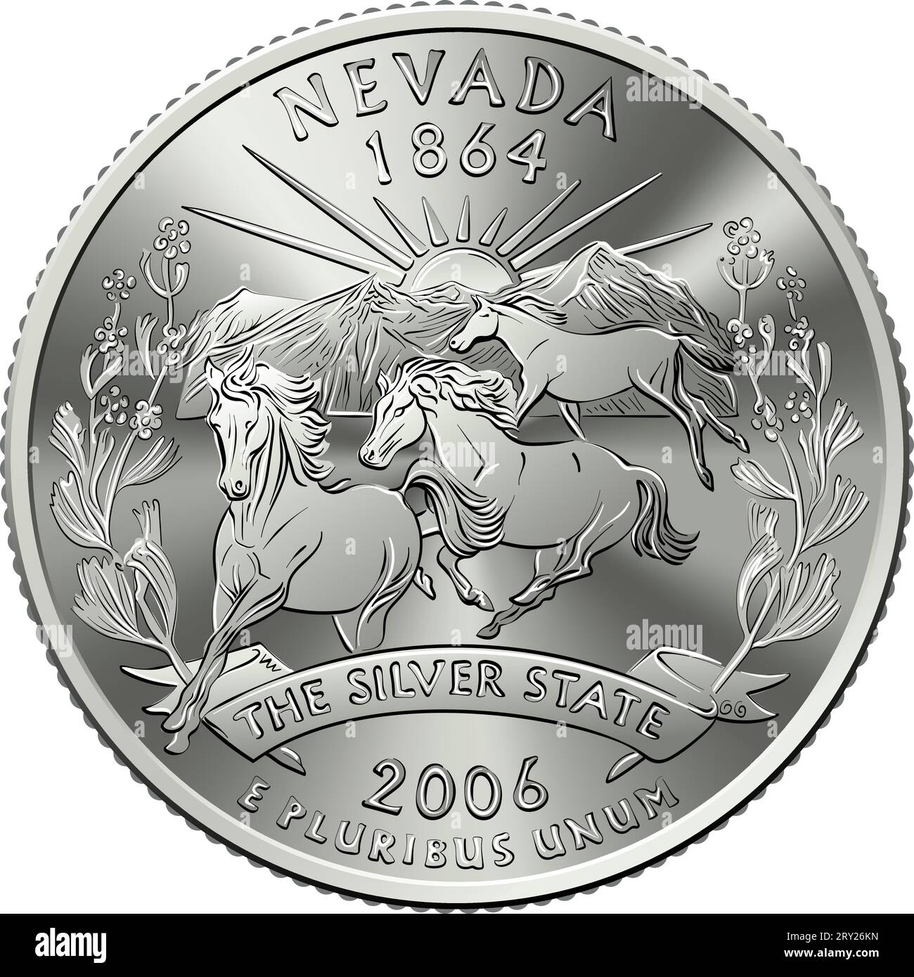 American money, USA Washington quarter dollar or 25-cent coin, wild stallions, rising sun on reverse Stock Vector