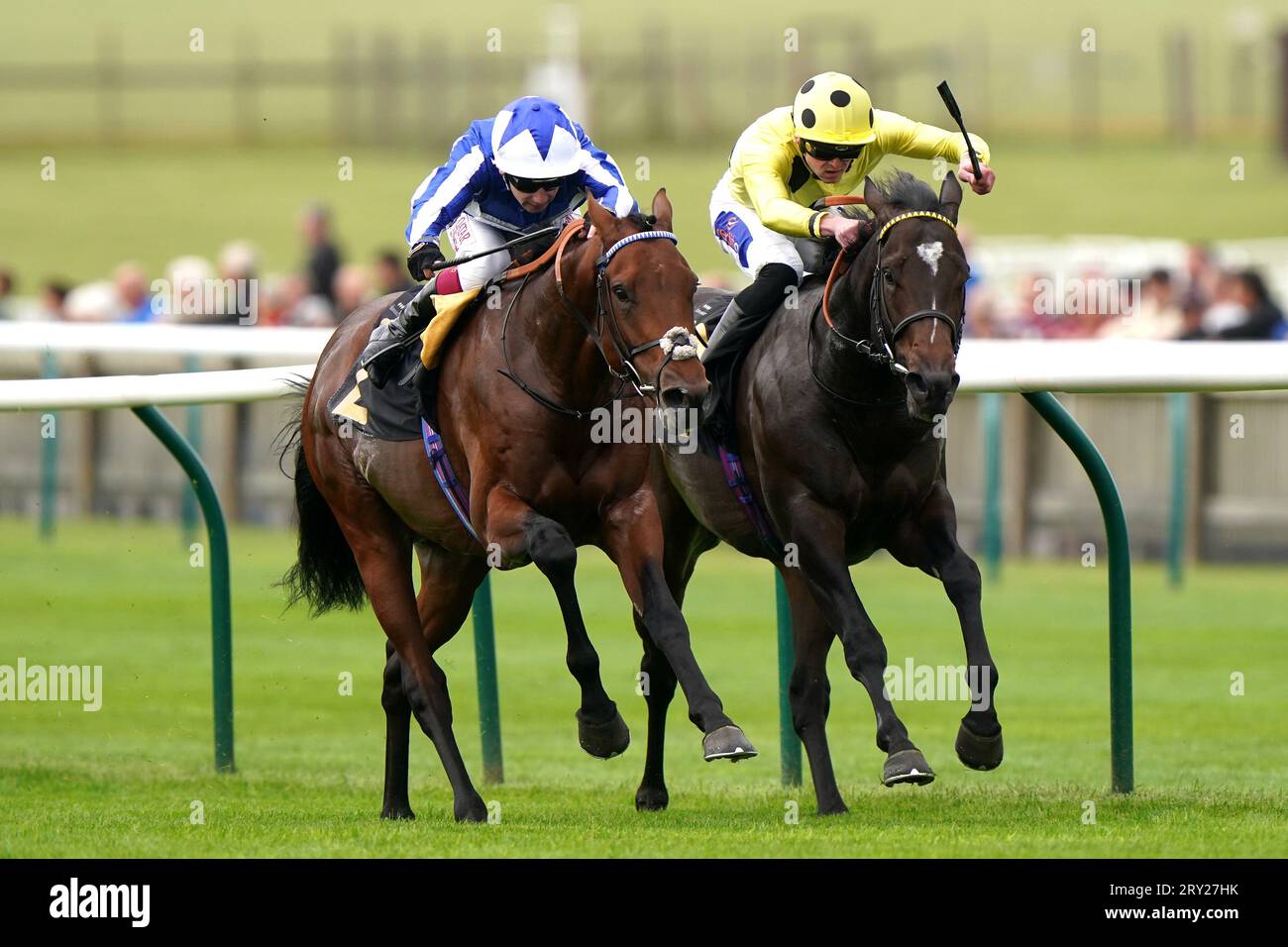 Bellum Justum ridden by jockey Oisin Murphy (left) wins the British Stallion Studs EBF Maiden Stakes (Colts and Geldings) with Inisherin ridden by jockey Clifford Lee second during day one of the Cambridgeshire Meeting at Newmarket Racecourse. Picture date: Thursday September 28, 2023. Stock Photo