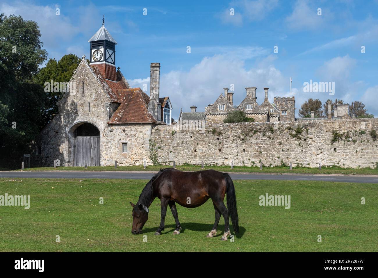 New Forest ponies on the village green in front of Beaulieu Abbey Outer Gatehouse, Beaulieu, Hampshire, England, UK Stock Photo