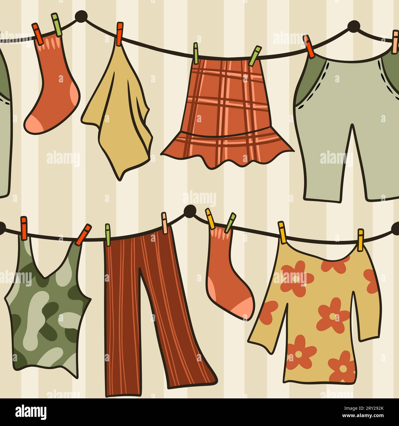 Hand drawn seamless pattern with laundry clothesline hanging clothes. Dress pants socks on string line drying dry summer housework in beige orange green, cotton fabric fashion background, clean rope cleaning Stock Photo