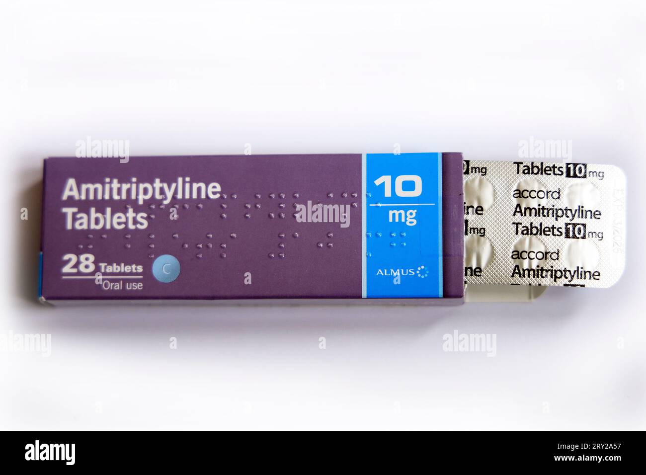 Amitriptyline box and  blister pack, 10mg tablets. Studio. September 2023 Studio photo set-up. September 2023 Stock Photo
