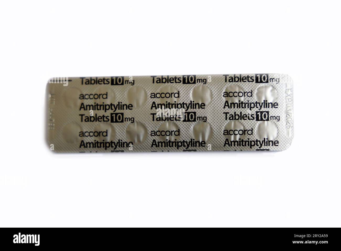 Amitriptyline blister pack, 10mg tablets. Studio. September 2023 Stock Photo