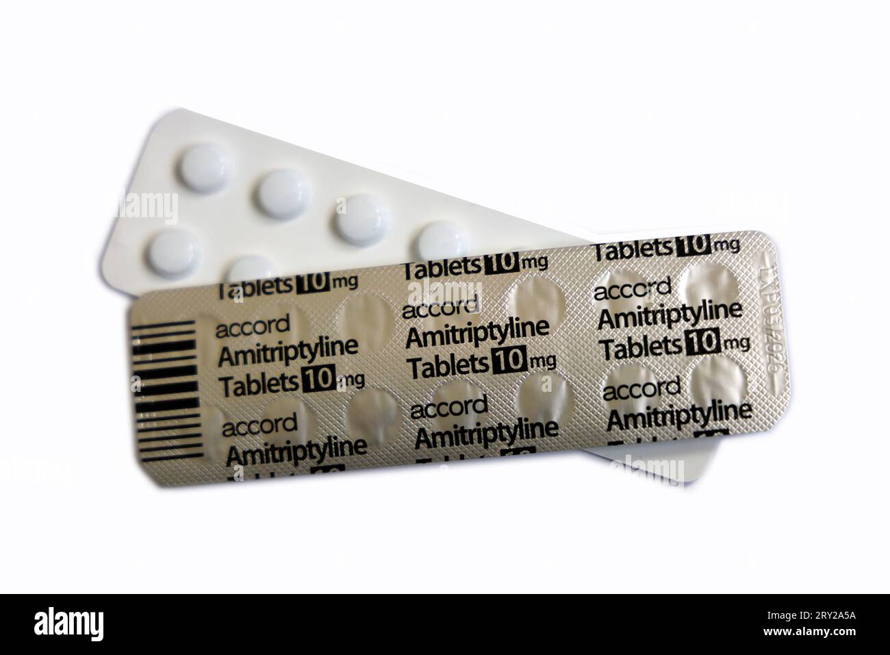 Amitriptyline blister pack, two, 10mg tablets. Studio. September 2023 Stock Photo