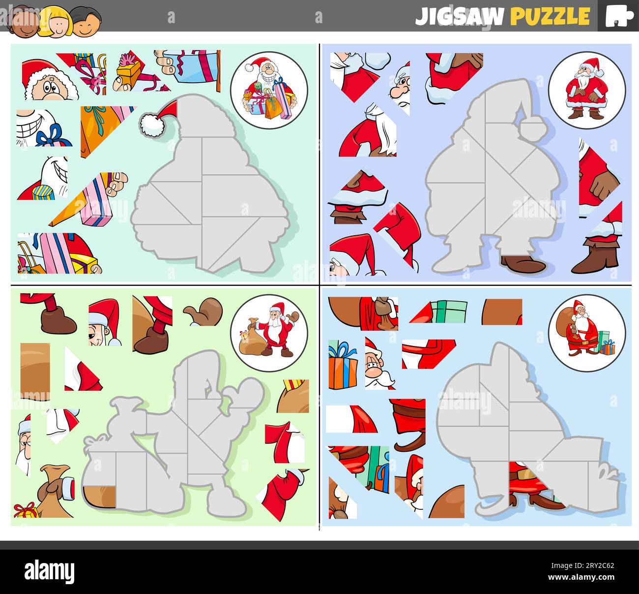 Cartoon illustration of educational jigsaw puzzle games set with Santa ...