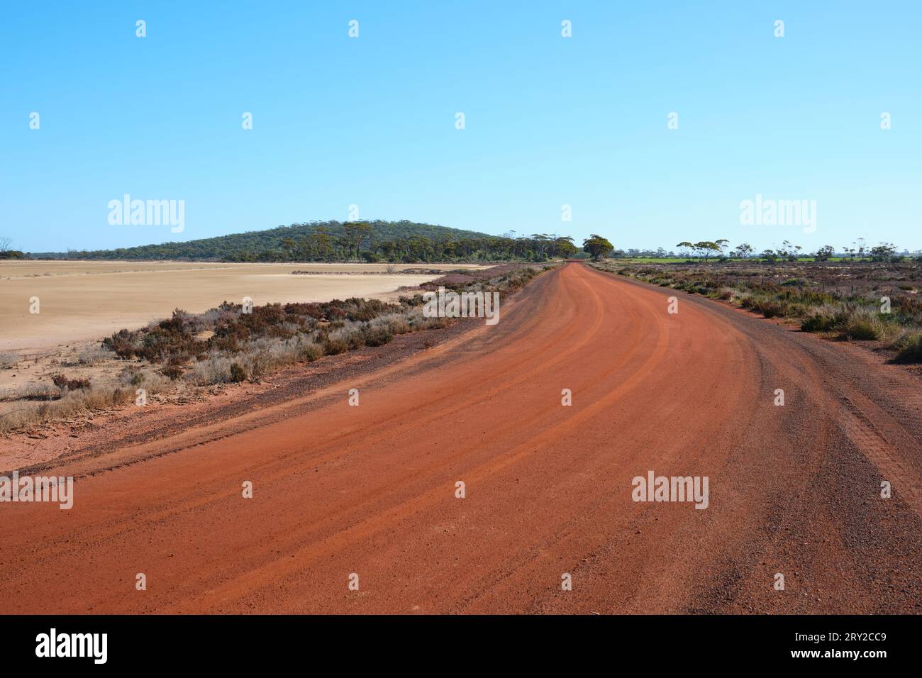 A gravel road through the Kondinin Salt Marsh Nature Reserve in the Wheatbelt region of Western Australia. Stock Photo