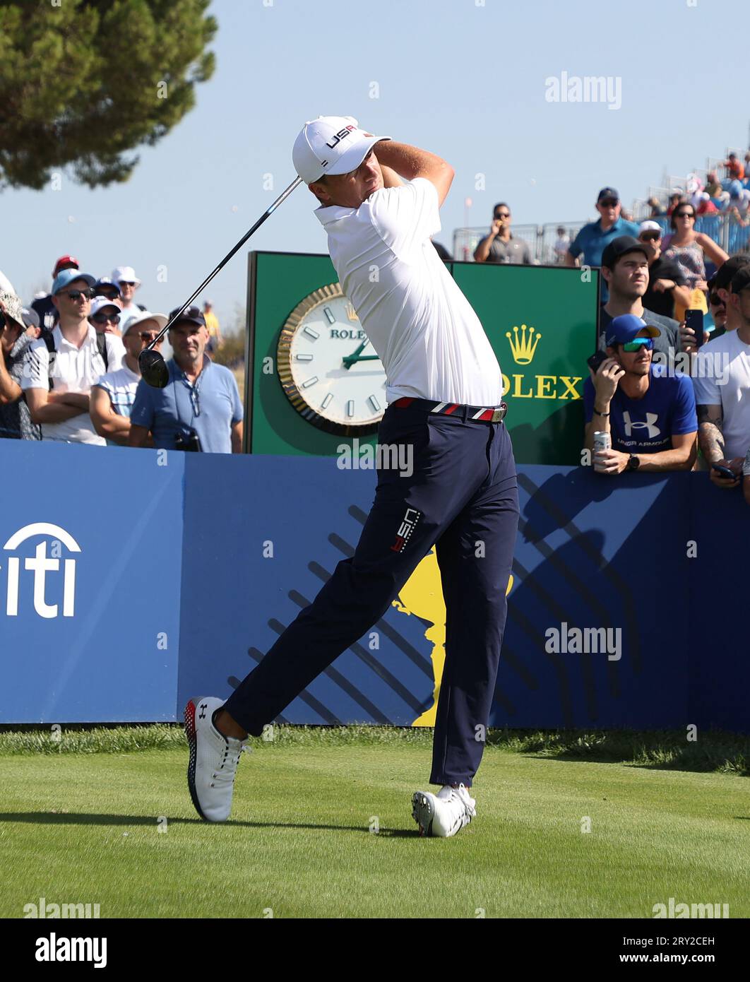 Rome, Italy. 28th Sep, 2023. USA's Jordan Spieth drives on the 16th tee at the 2023 Ryder Cup in Marco Simone Golf Club, Rome, Italy on September 28, 2023. Credit: UPI/Alamy Live News Stock Photo