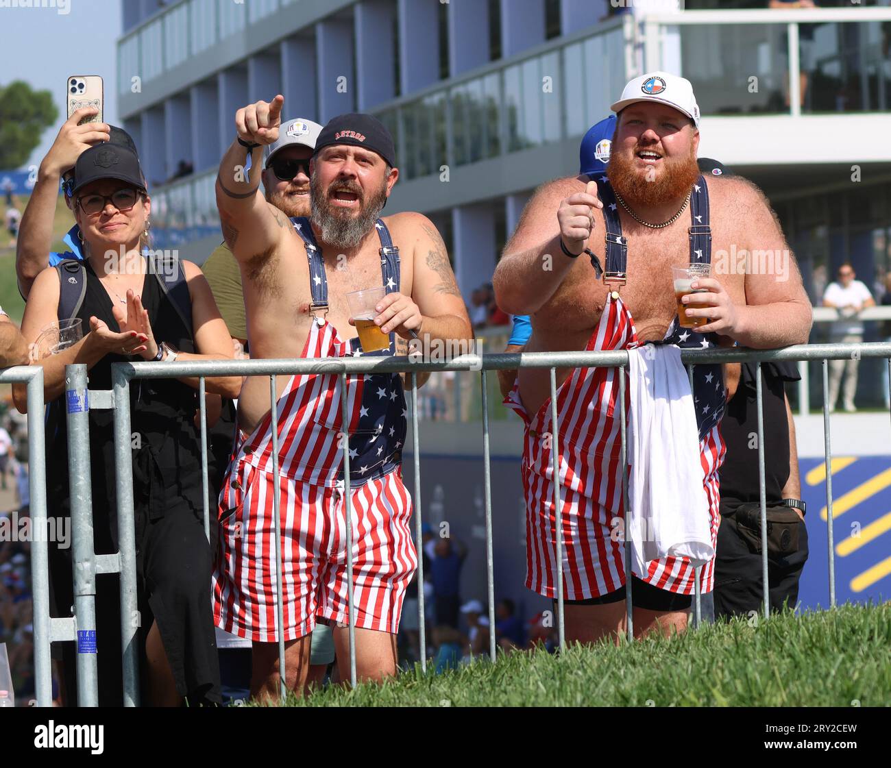 Rome, Italy. 28th Sep, 2023. American fans cheer during practice at the 2023 Ryder Cup in Marco Simone Golf Club, Rome, Italy on September 28, 2023. Credit: UPI/Alamy Live News Stock Photo