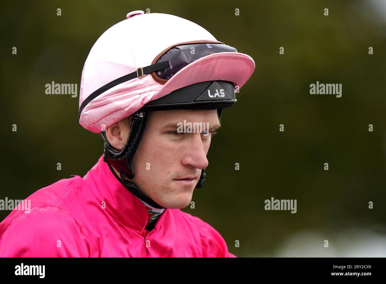 Jockey Finley Marsh before the Federation of Bloodstock Agents Nursery race with horse Centurion Dream during day one of the Cambridgeshire Meeting at Newmarket Racecourse. Picture date: Thursday September 28, 2023. Stock Photo