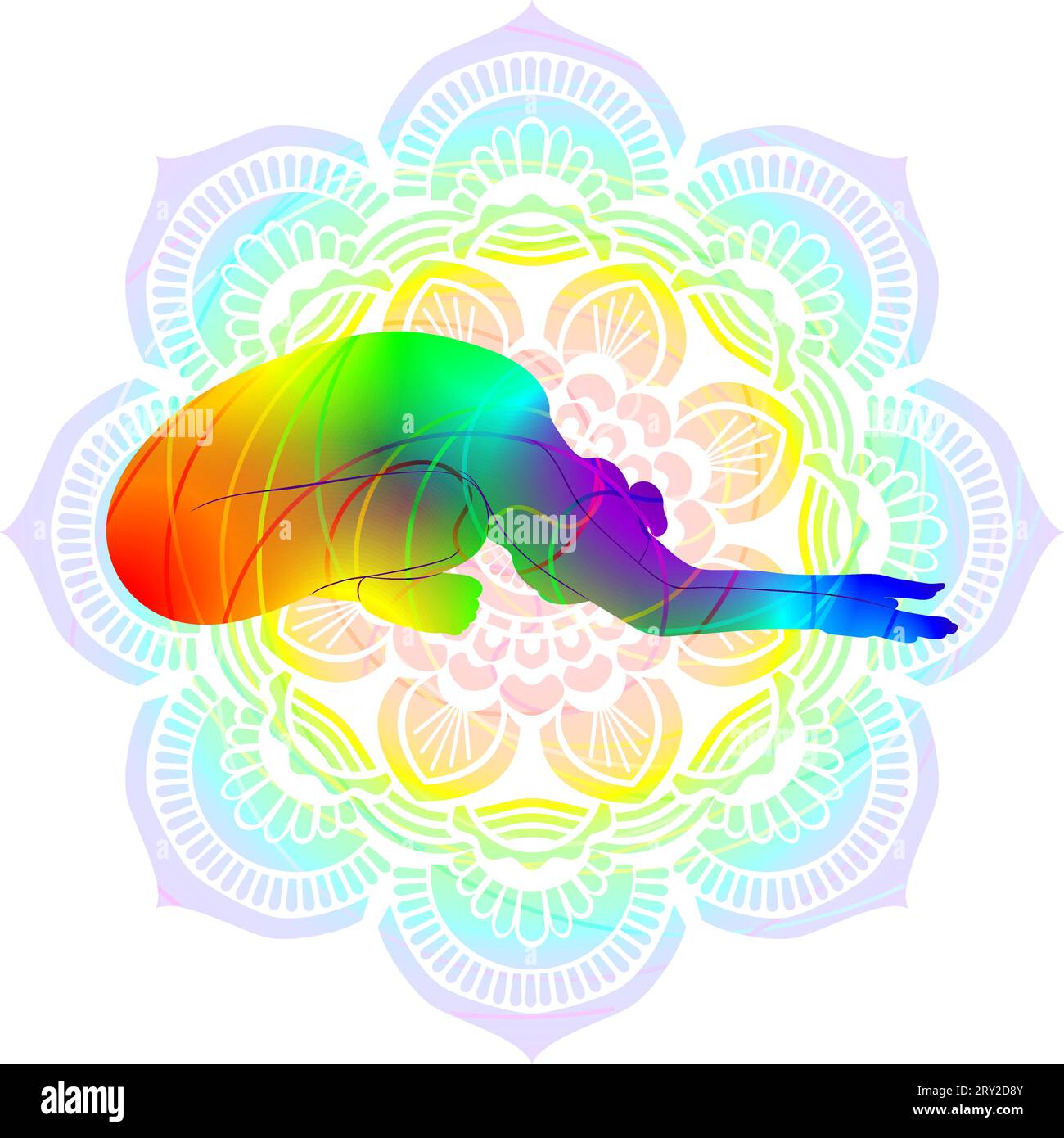 Colorful silhouette yoga posture. Easy Forward Bend pose. Sukhasana. Seated and Neutral. Isolated vector illustration. Mandala background. Stock Vector