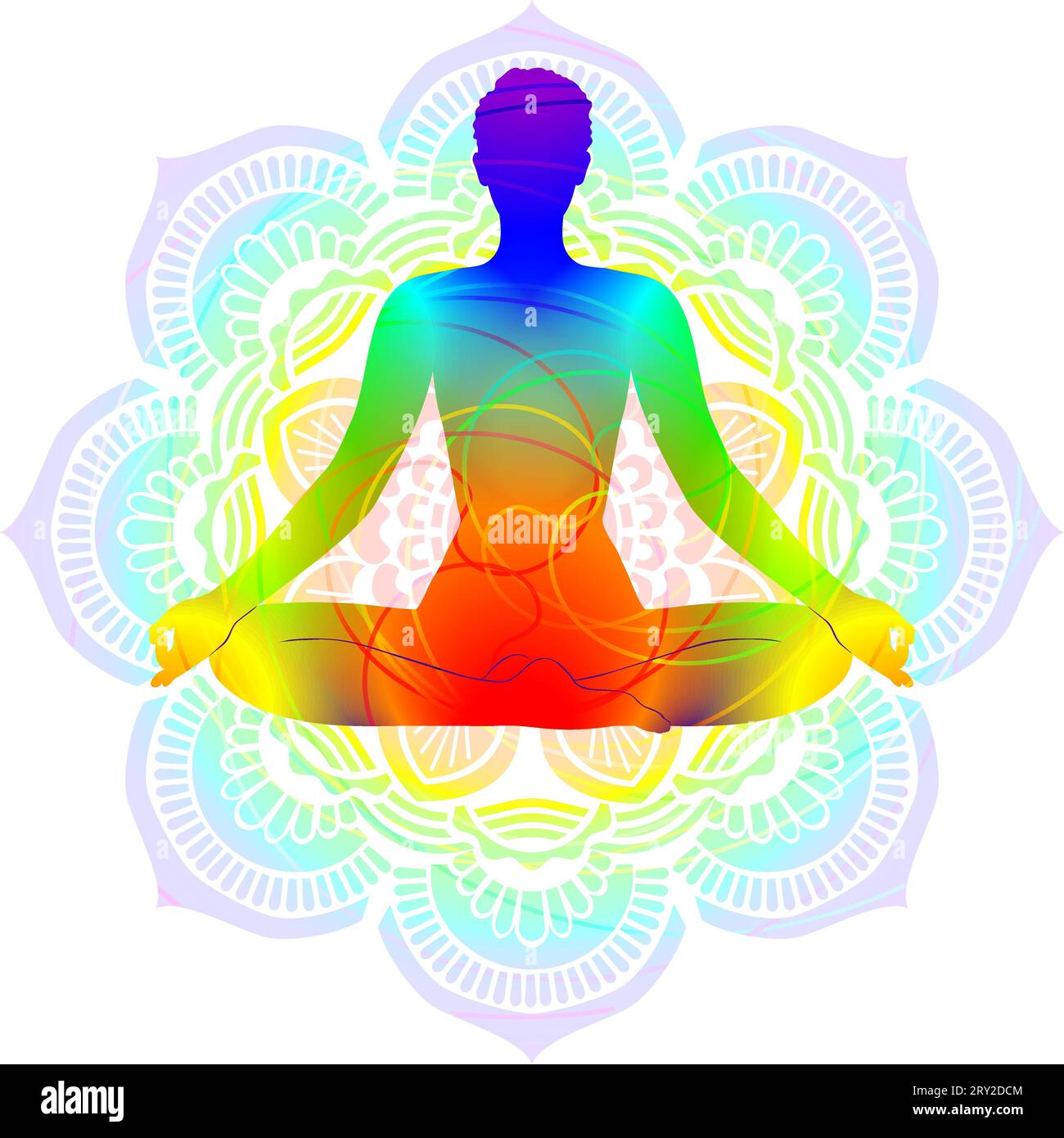 Colorful silhouette yoga posture. Easy pose. Sukhasana. Seated and Neutral. Isolated vector illustration. Mandala background. Stock Vector