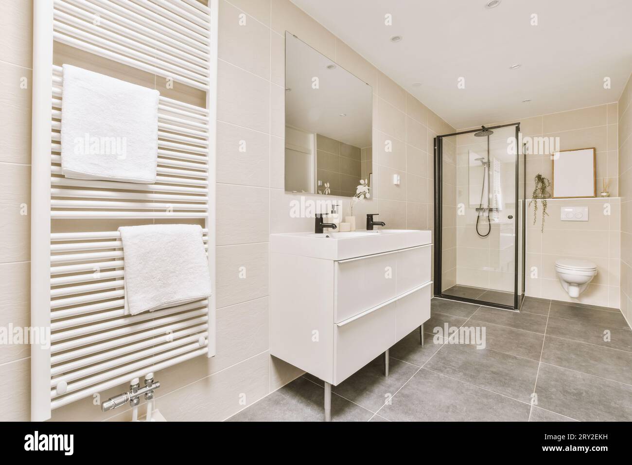 Interior of modern stylish bathroom with shower cabin and toilet bowl ...
