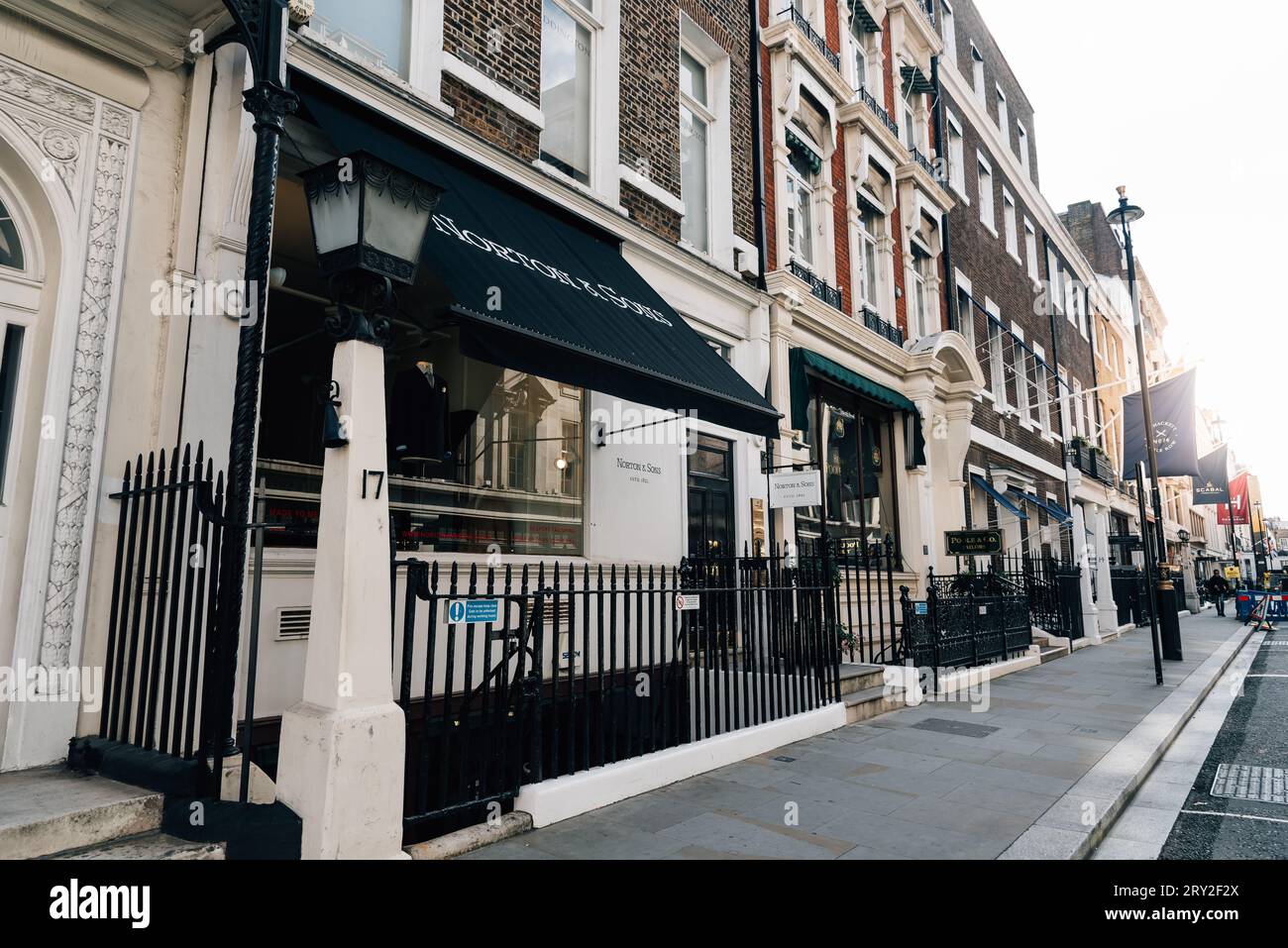 London, UK - August 27, 2023: View of Savile Row. Savile Row is a street in Mayfair, central London. Known principally for its traditional bespoke tai Stock Photo