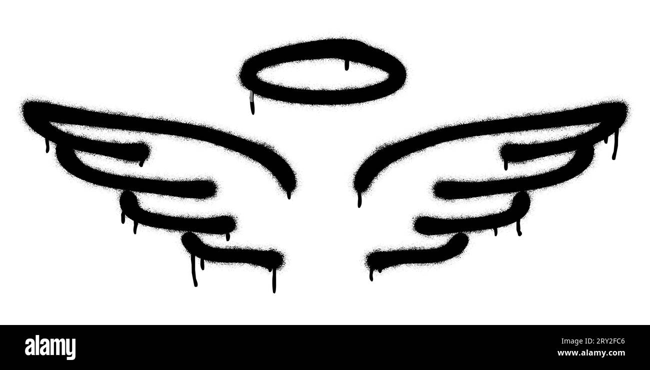 Spray graffiti wings and halo symbols over white. Stylized angel emoji