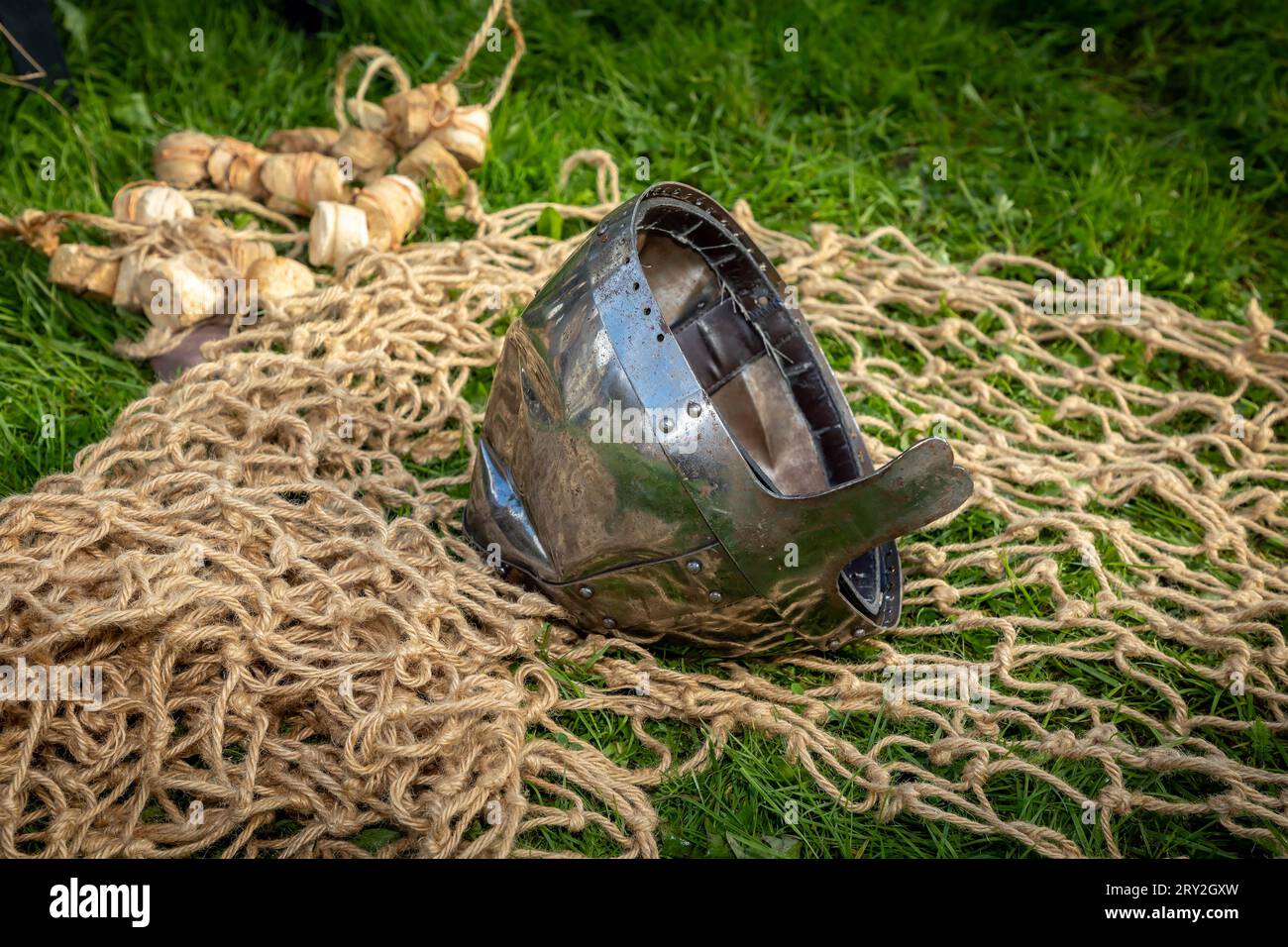 Viking nasal helmet on fishing nets celebrating 1100 years of the ancient “cyty” of Thelwall Stock Photo