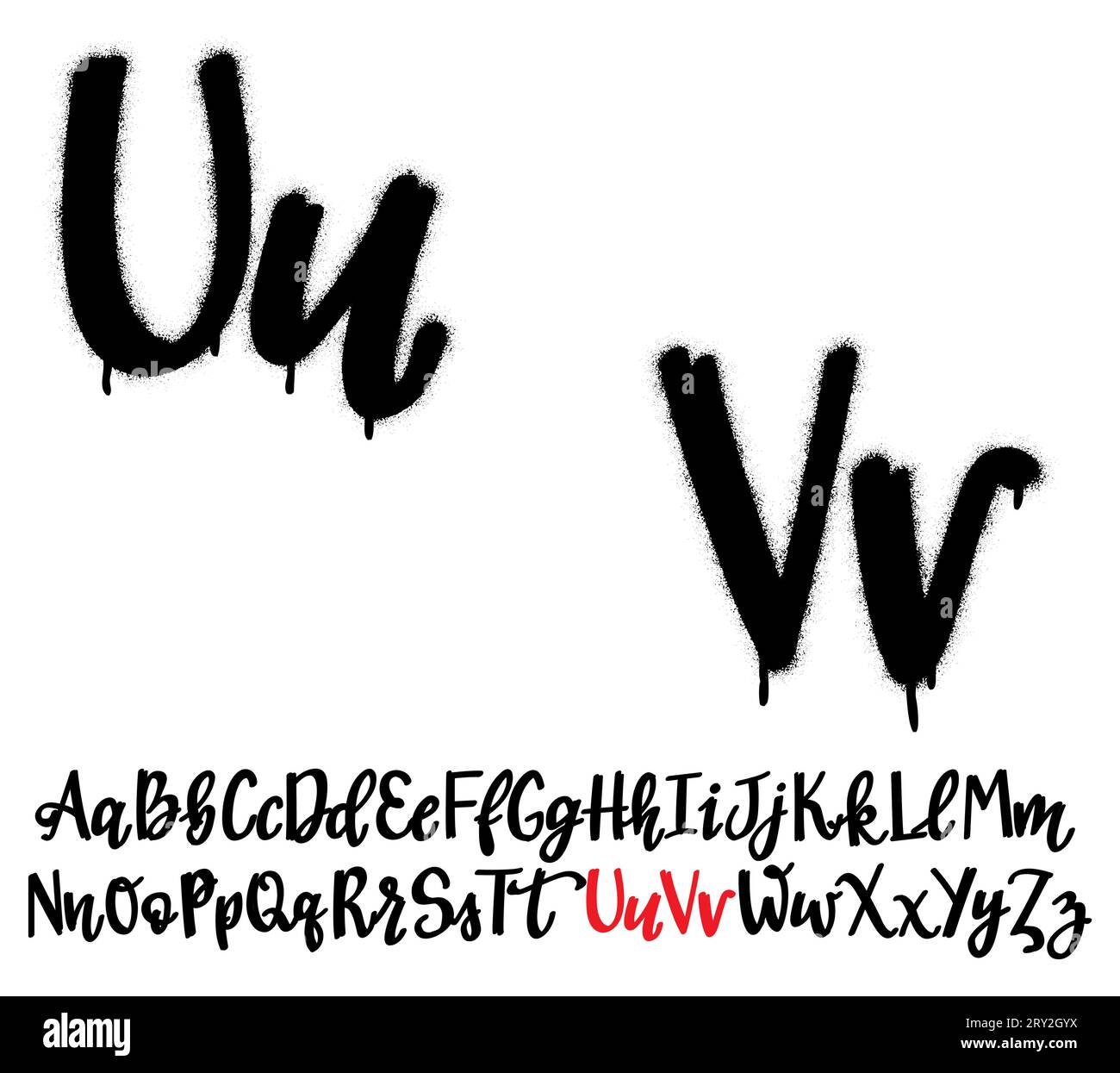 Spray graffiti hand lettering font. Letter U and V. Part 11 Stock