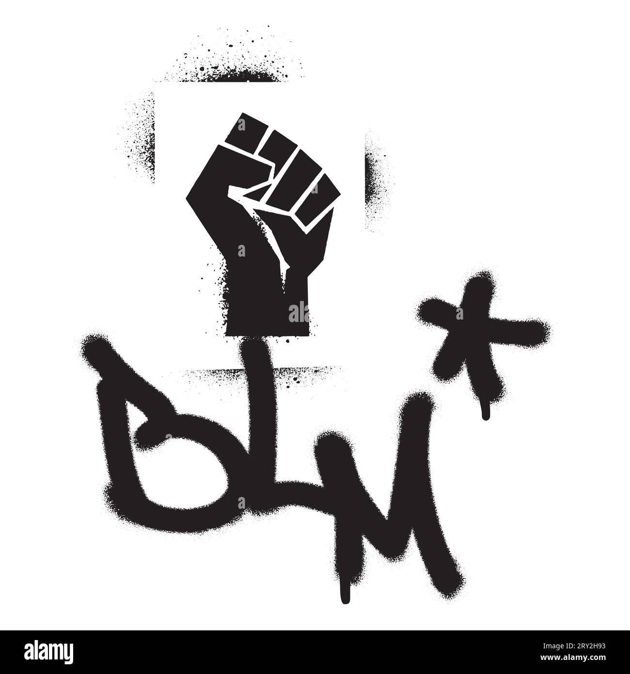 Raised fist spray paint graffiti stencil and BLM abbreviation BLACK LIVES MATTER quote. Anti-racist movement. Stock Vector