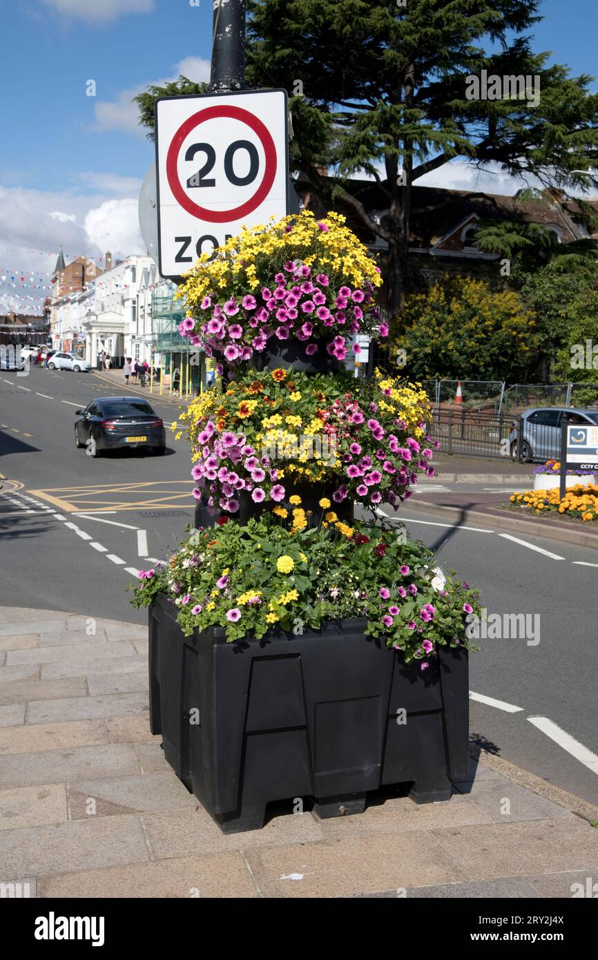 20 mph speed limit sign alongside  stunning public floral displays celebrating Stratford in Bloom and  inspired by Plantscape on public display in the Stock Photo