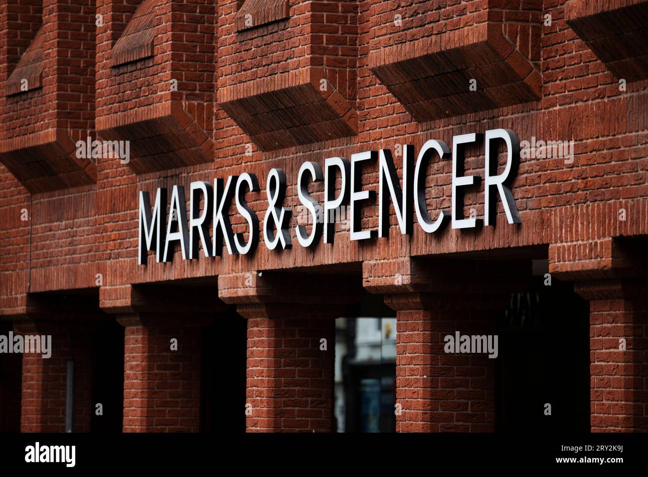close-up of Marks & Spencer shop front signage  - Exeter Stock Photo