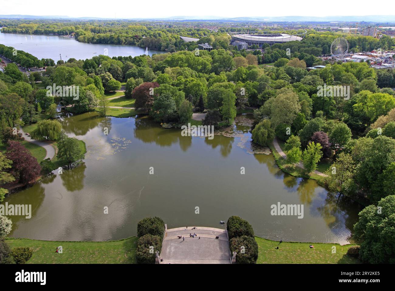 Hanover, Germany - May 03, 2011: Aerial View of Masch Park Lake Green Nature Oasis in City at Spring Day. Stock Photo