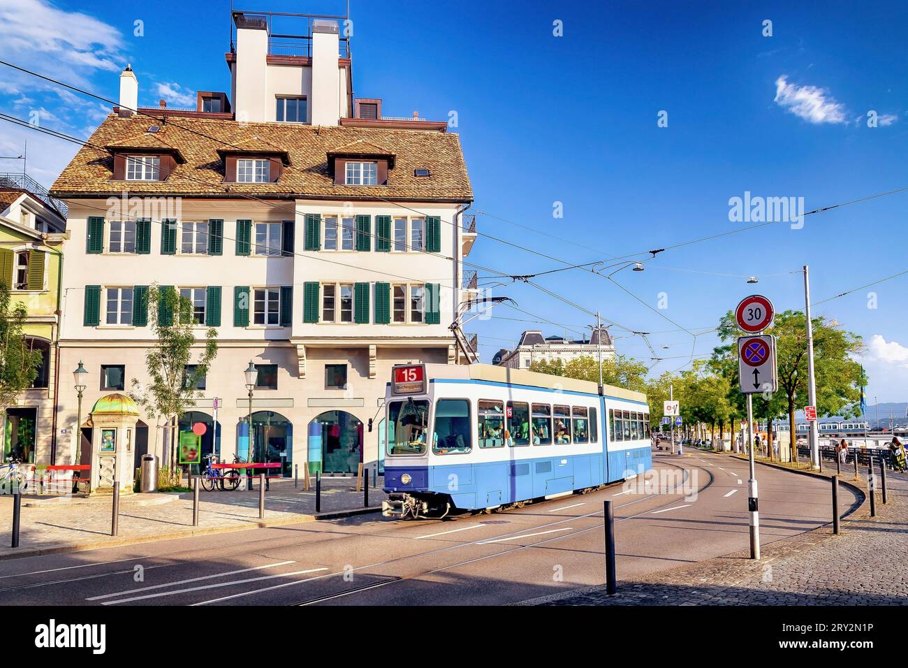 City life with old tram vehicle at downtown Zürich, Switzerland Stock