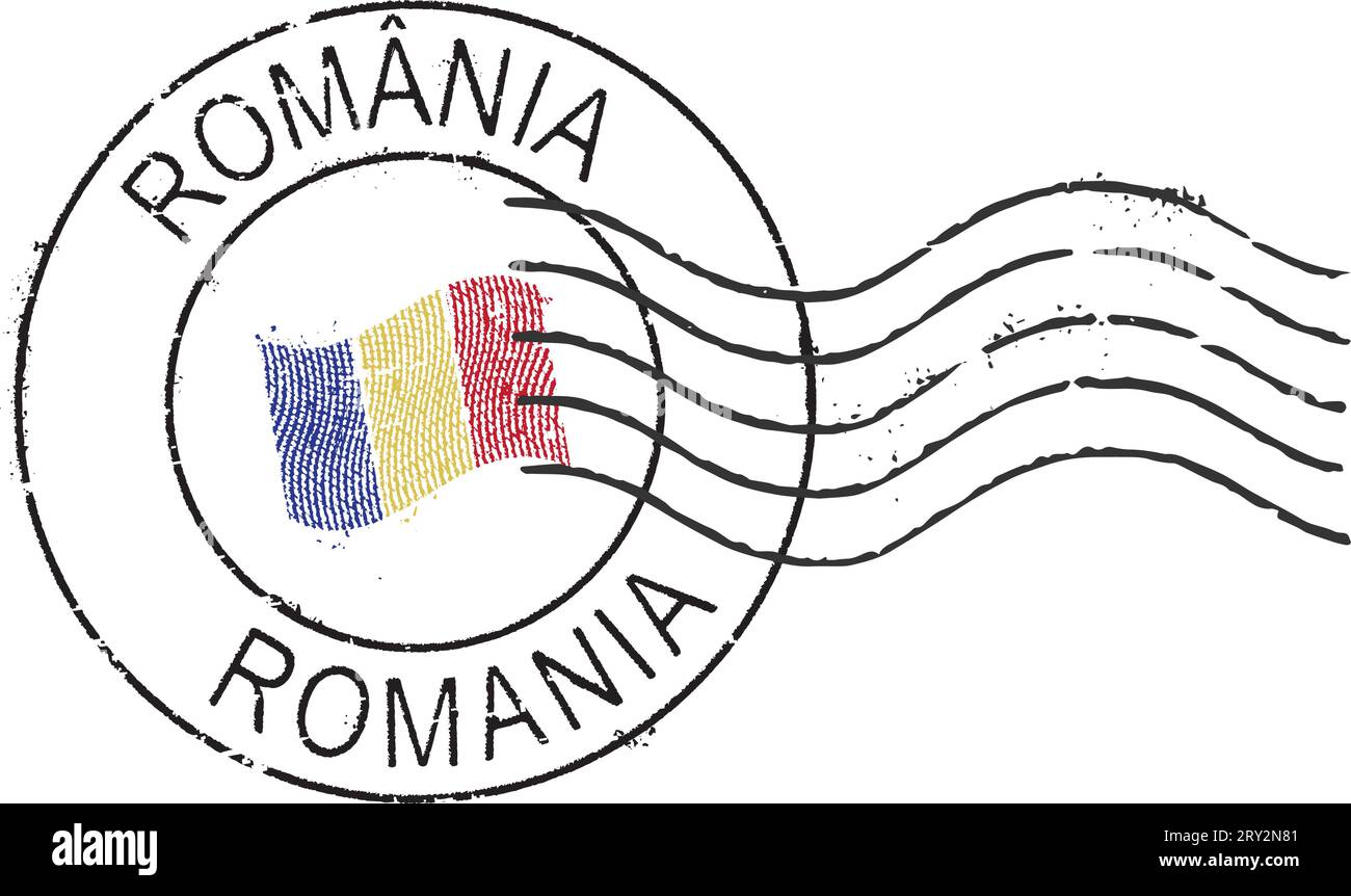 Grunge postal stamps 'Romania'. Romanian and english inscription. Stock Vector