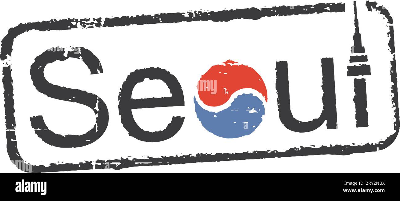 Postal grunge stamp 'Seoul'-capital city of South Korea. Yin Yang (Unity within diversity) - korean national symbol; Namsan tower Stock Vector